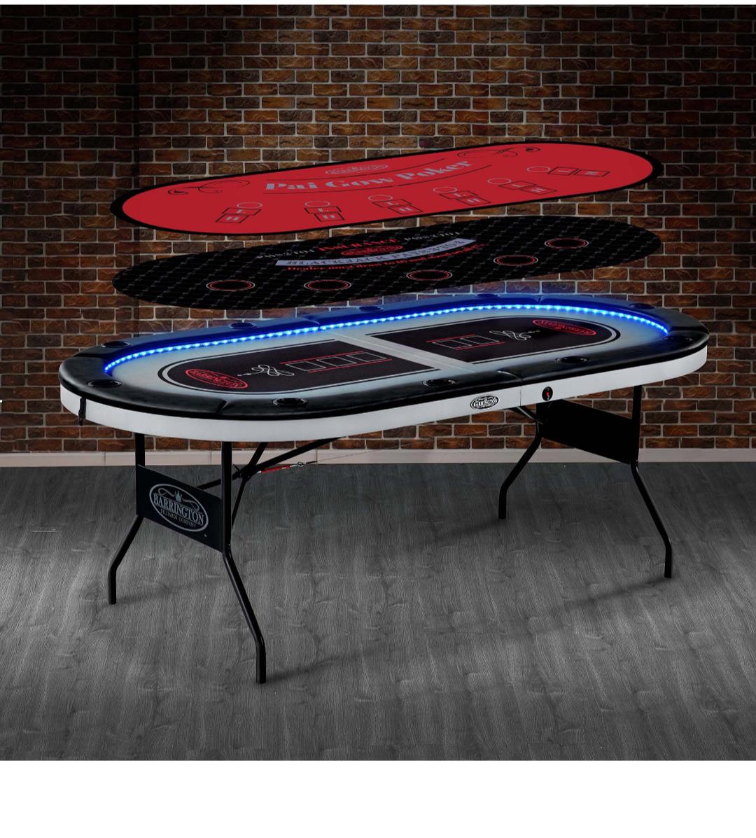 -Player Folding Poker Table with LED Lights Reversible Felt BlackRed