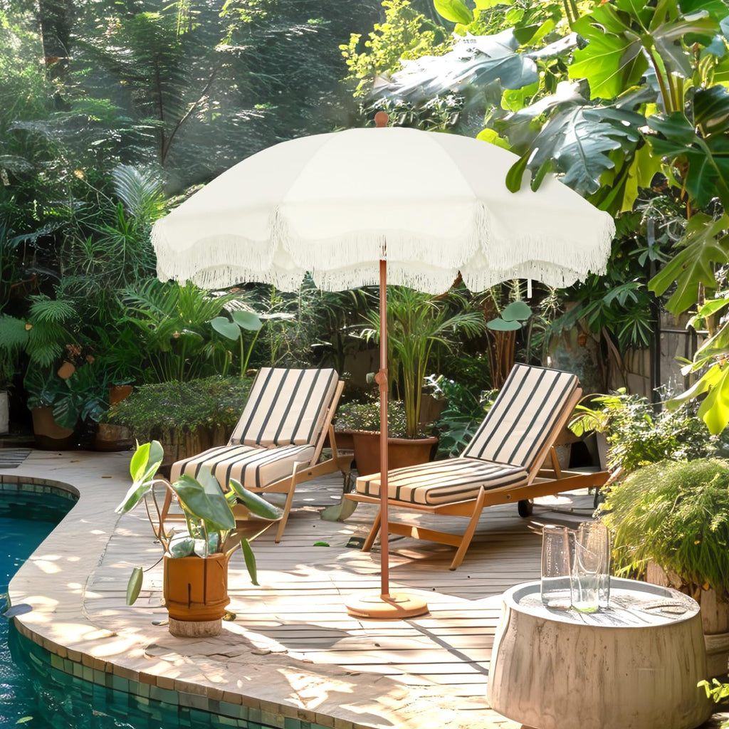 ft Portable Outdoor Patio Beach Umbrella with Fringe Sand Anchor Tilt UPF 50 White