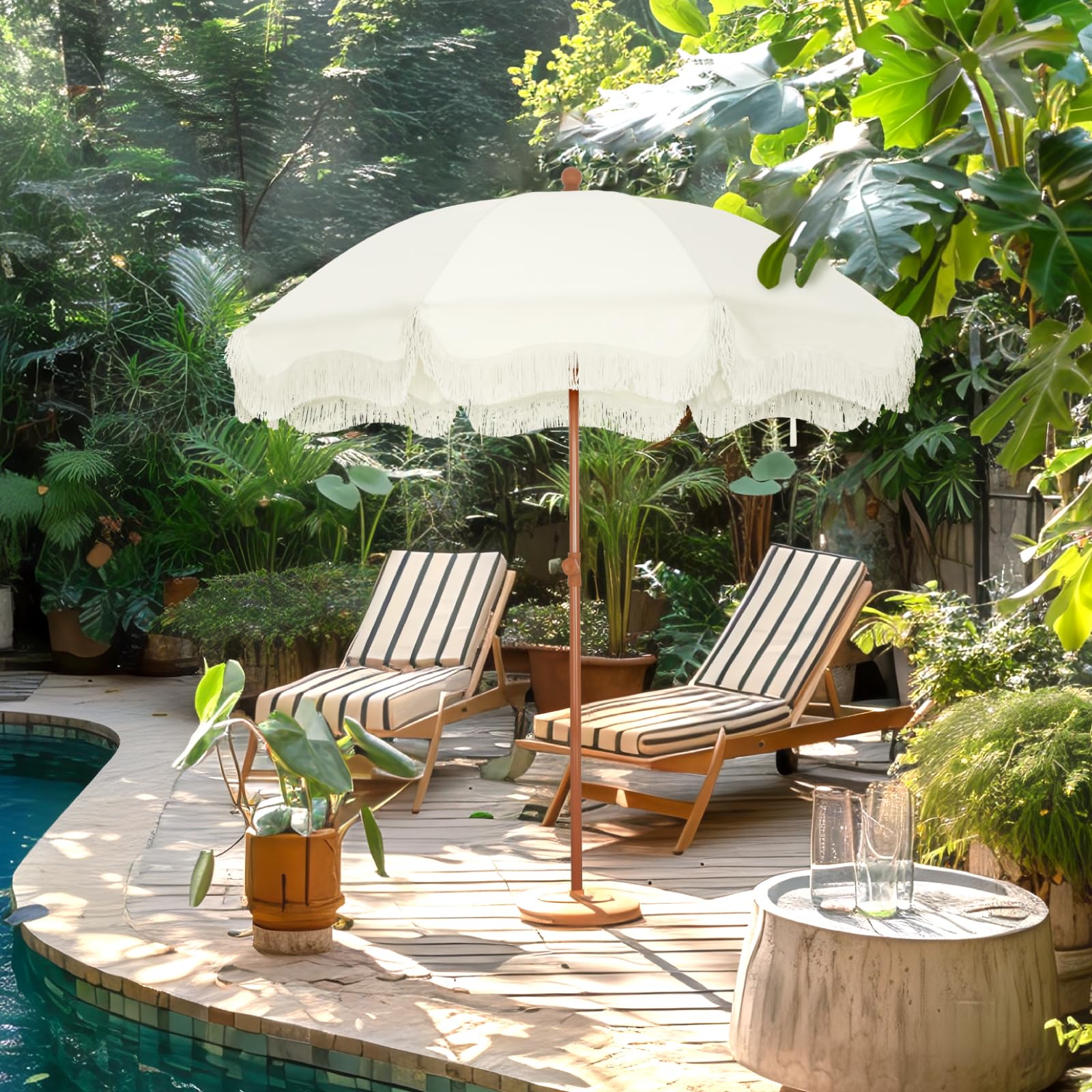 ft Portable Outdoor Patio Beach Umbrella with Fringe Sand Anchor Tilt UPF 50 White