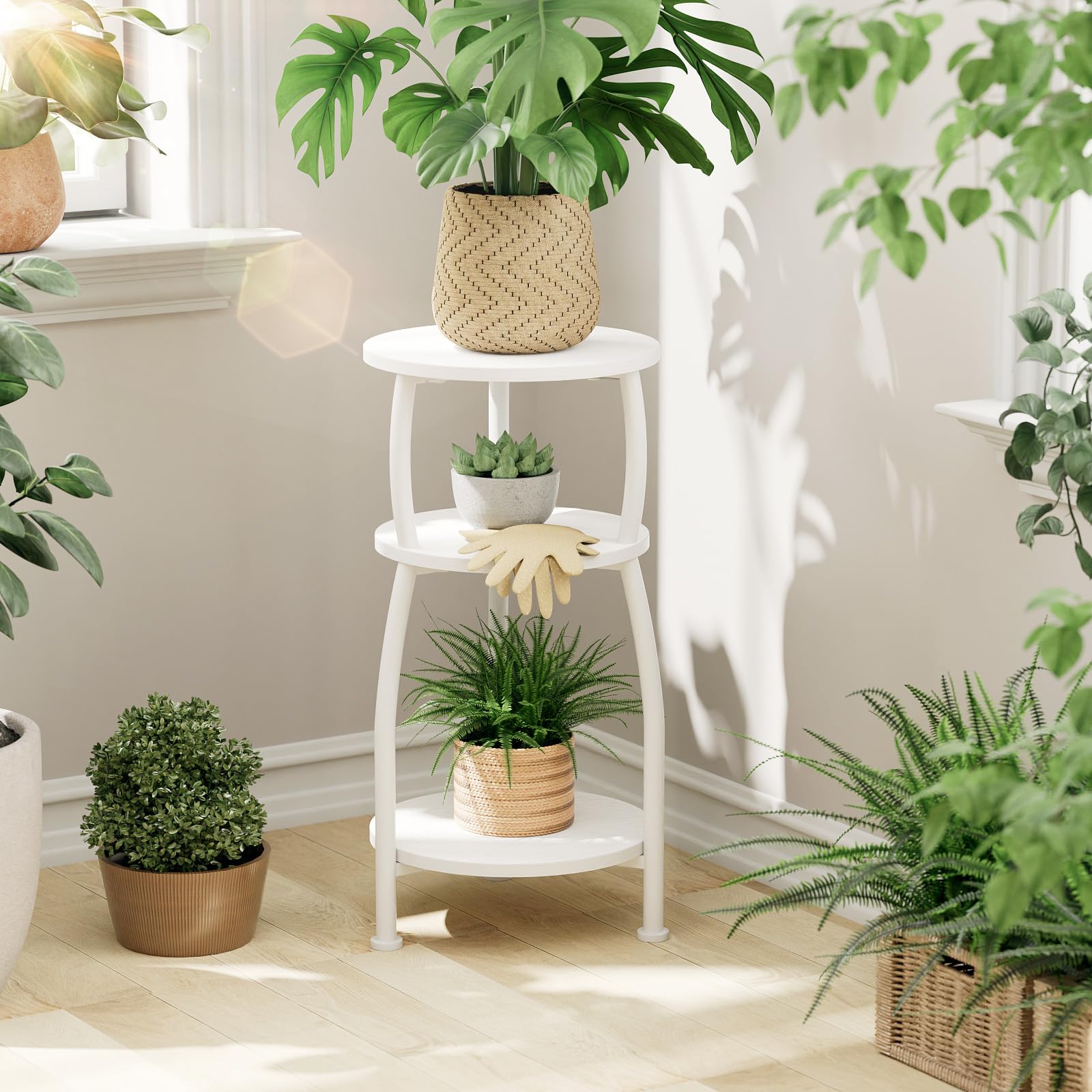 White 3-Tier Round End Table Side Nightstand with Storage Shelf