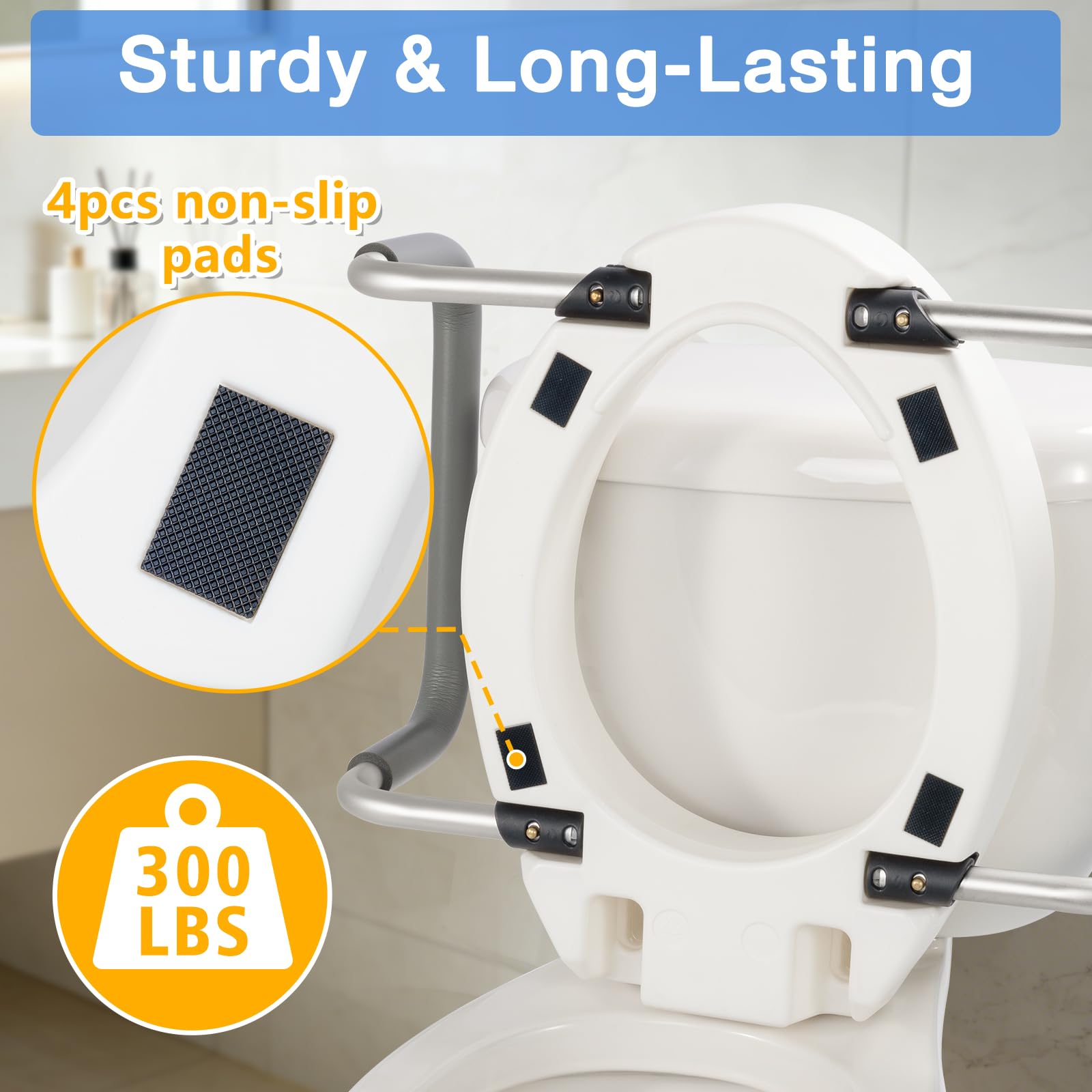 White 3.5 Inch Elongated Raised Toilet Seat with Removable Padded Handles 300 lbs Capacity