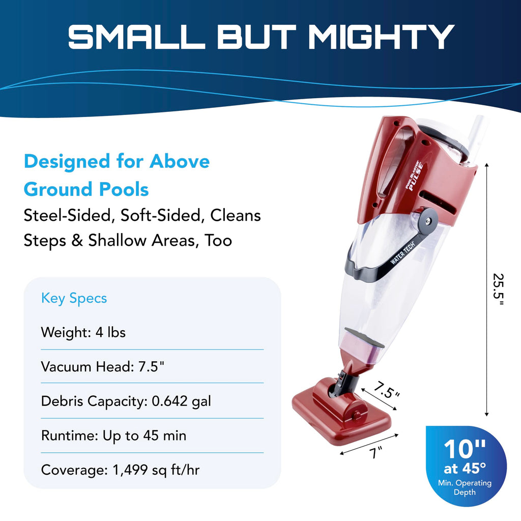 Pulse Cordless Pool Vacuum Rechargeable XL Debris Chamber 45 Pole 45 Min Runtime Red