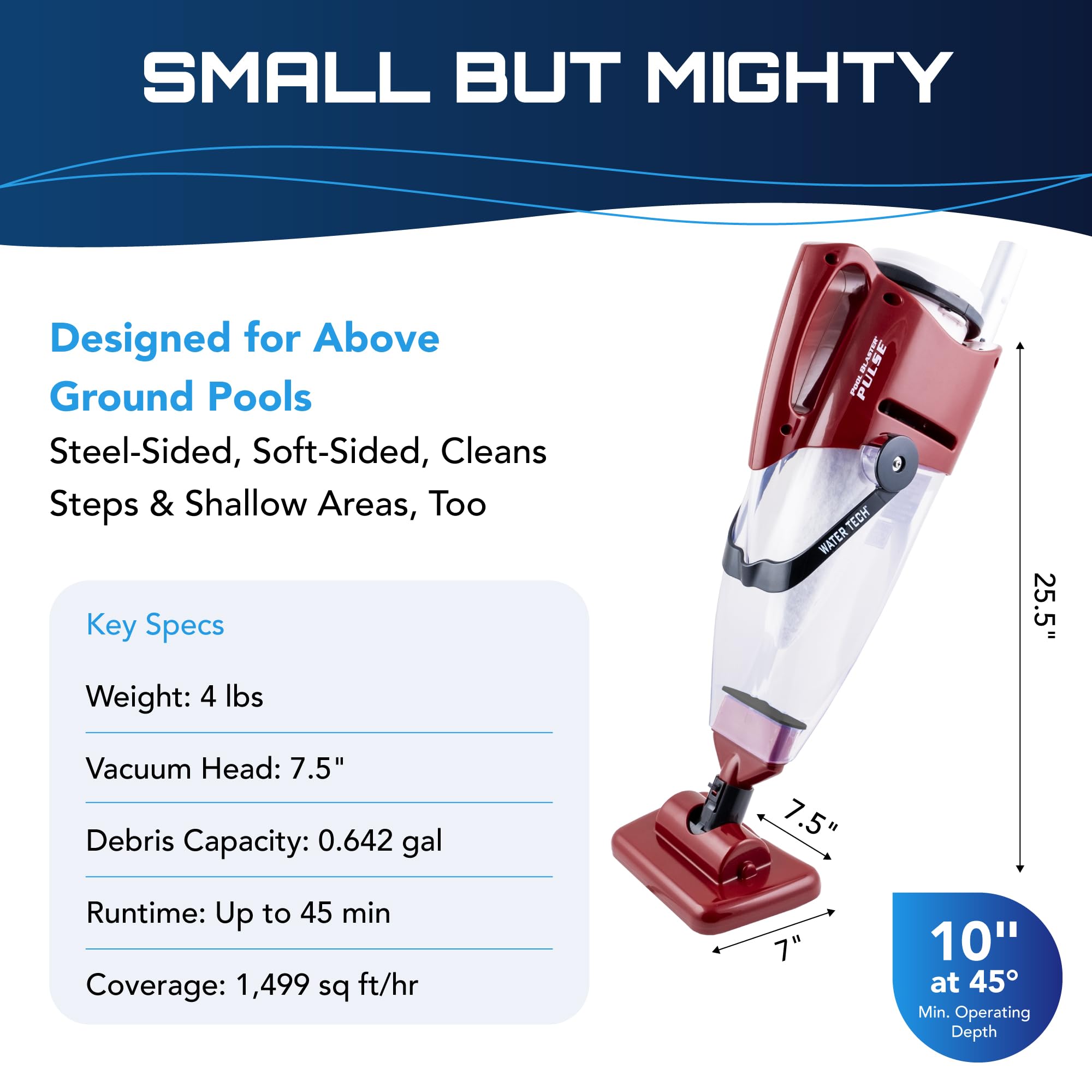 Pulse Cordless Pool Vacuum Rechargeable XL Debris Chamber 45 Pole 45 Min Runtime Red