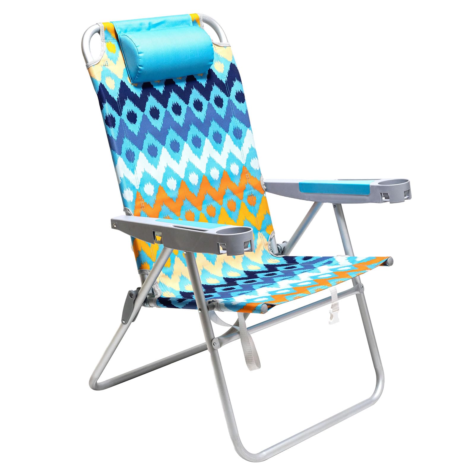 Blue Oversized 5-Position Reclining Beach Chair with Cup Holder High Back