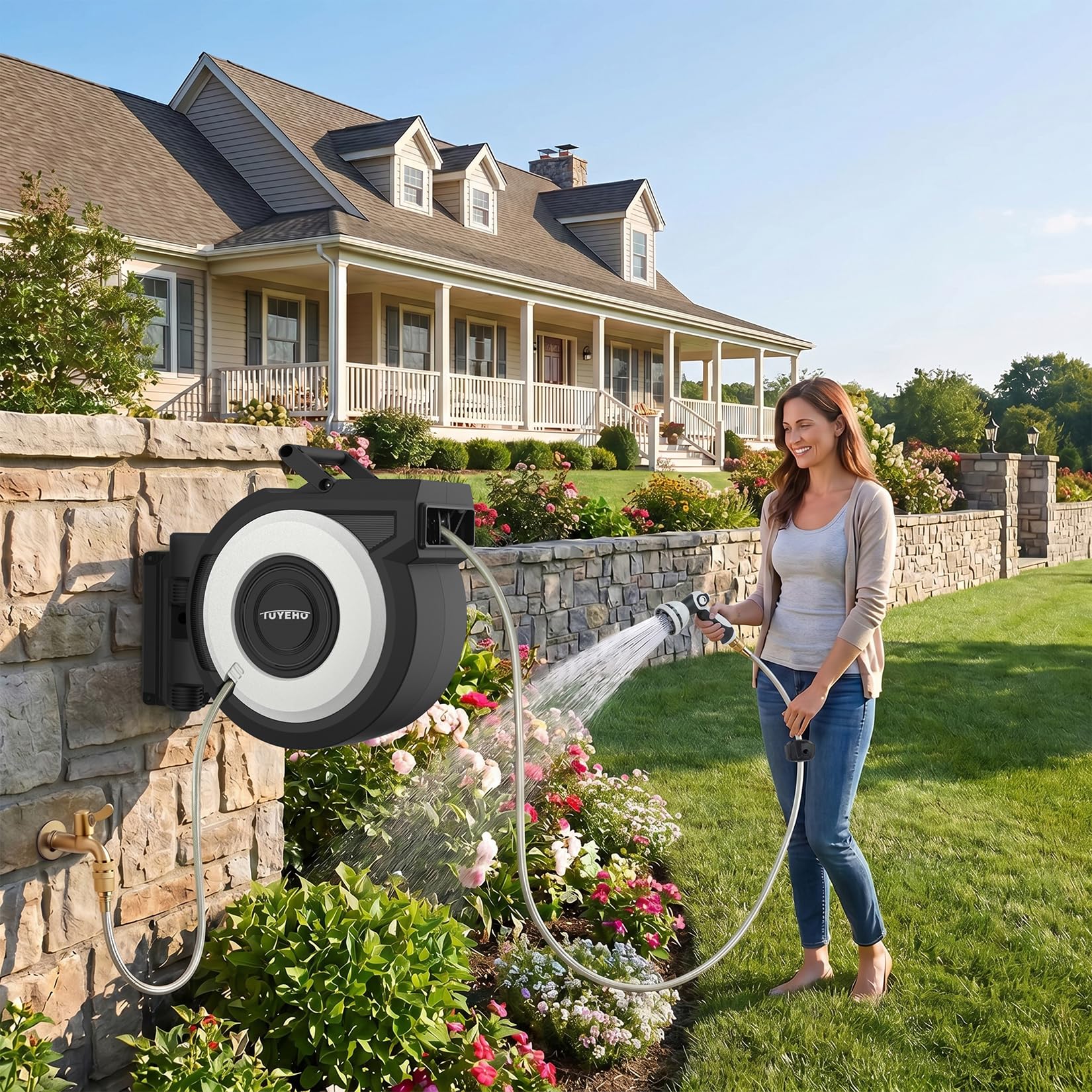 FT Retractable Garden Hose Reel Wall Mount Heavy Duty Automatic Rewind 2 Nozzles BlackCream