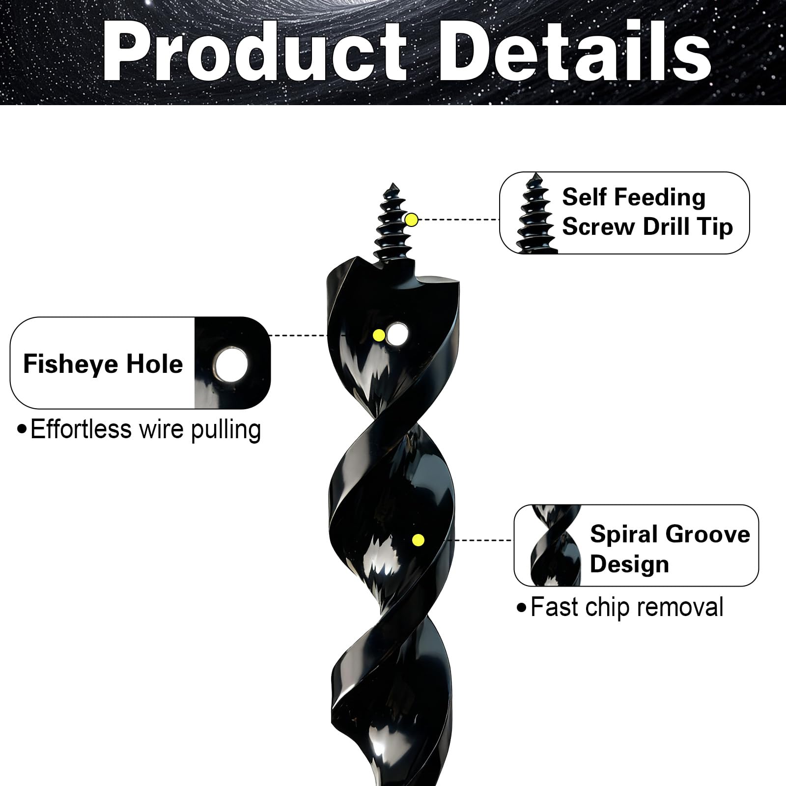 Flexible Installer Drill Bit - 1 Auger Fish Eye Hole Anti-Slip 3-Flat Shank