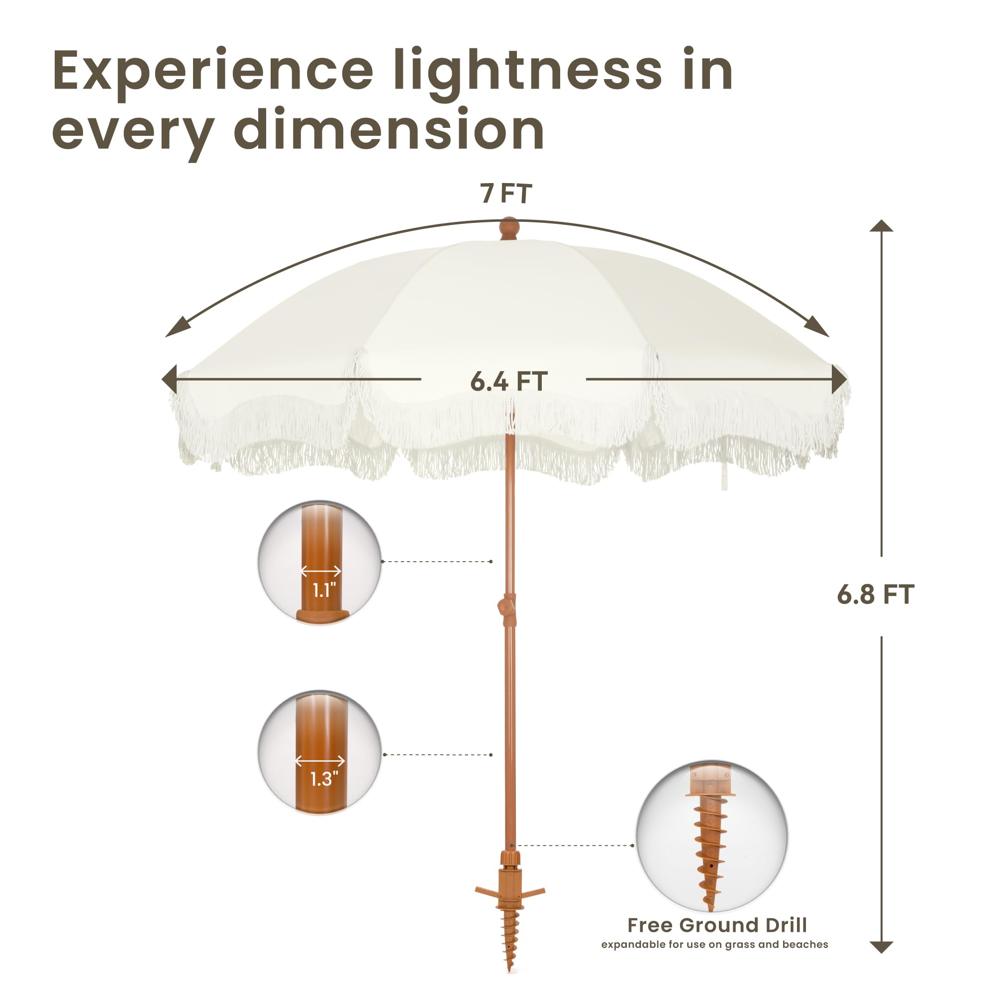 ft Creamy White Patio Beach Umbrella with Fringe Design Sand Anchor