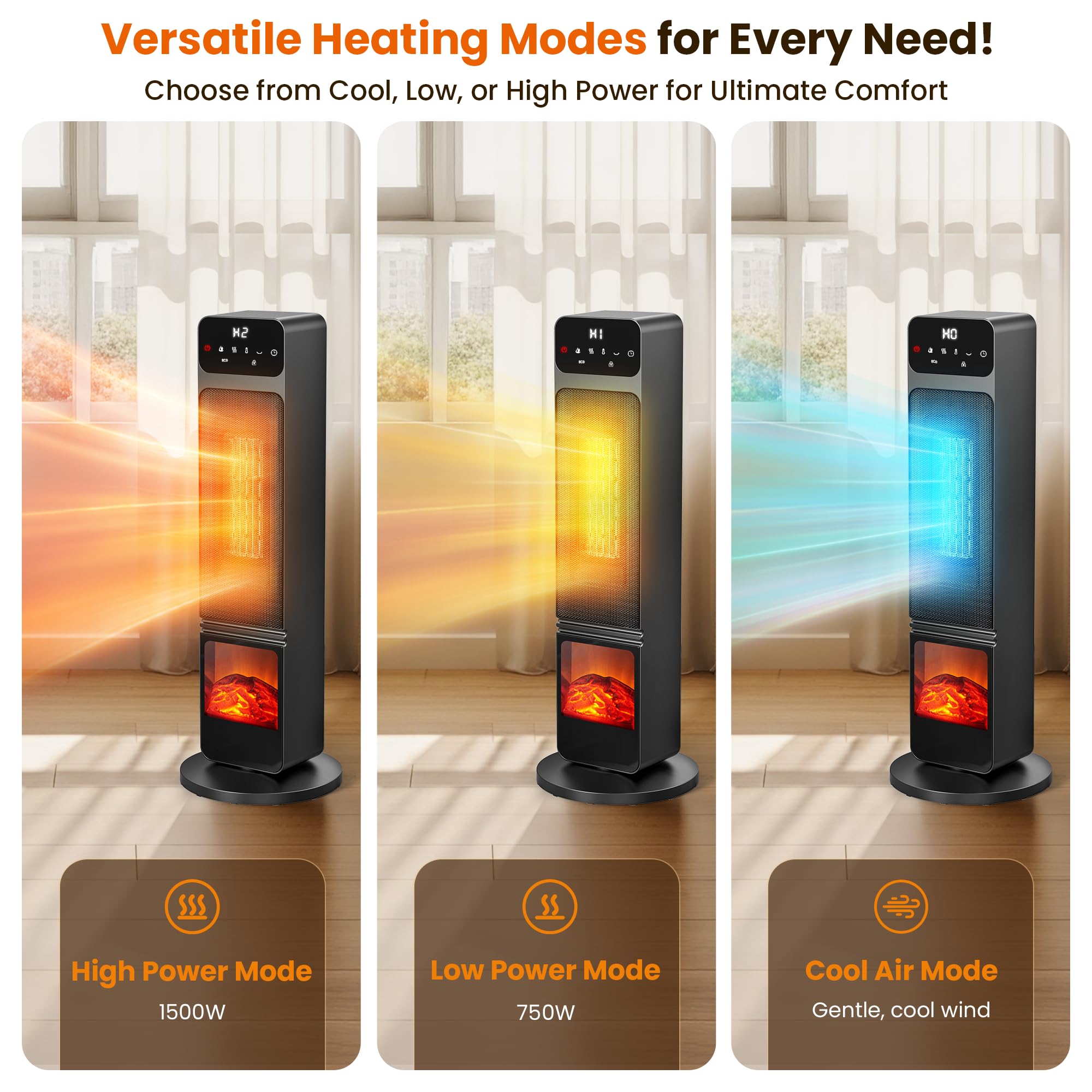 Tower Heater and Fan Combo, 1500W PTC Electric Fireplace Heater W/ 3D Flame, 90° Oscillation Space Heater Fan Combo for Indoor Use, Child Lock & Eco Mode, 12h Timer, Remote Control, Home & Office Retail $89.00