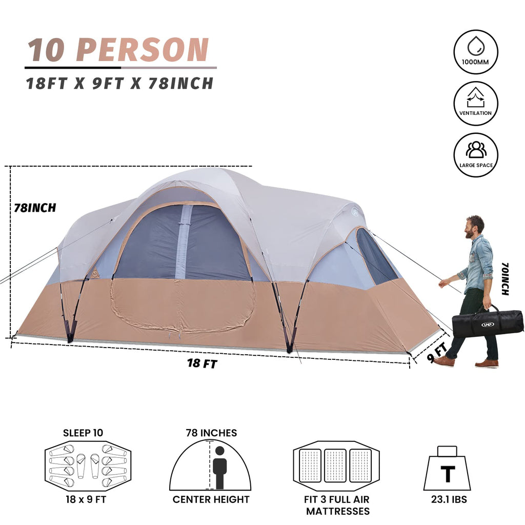 Open-Box New UNP 10-Person Waterproof 2-Room Khaki Brown Camping Tent