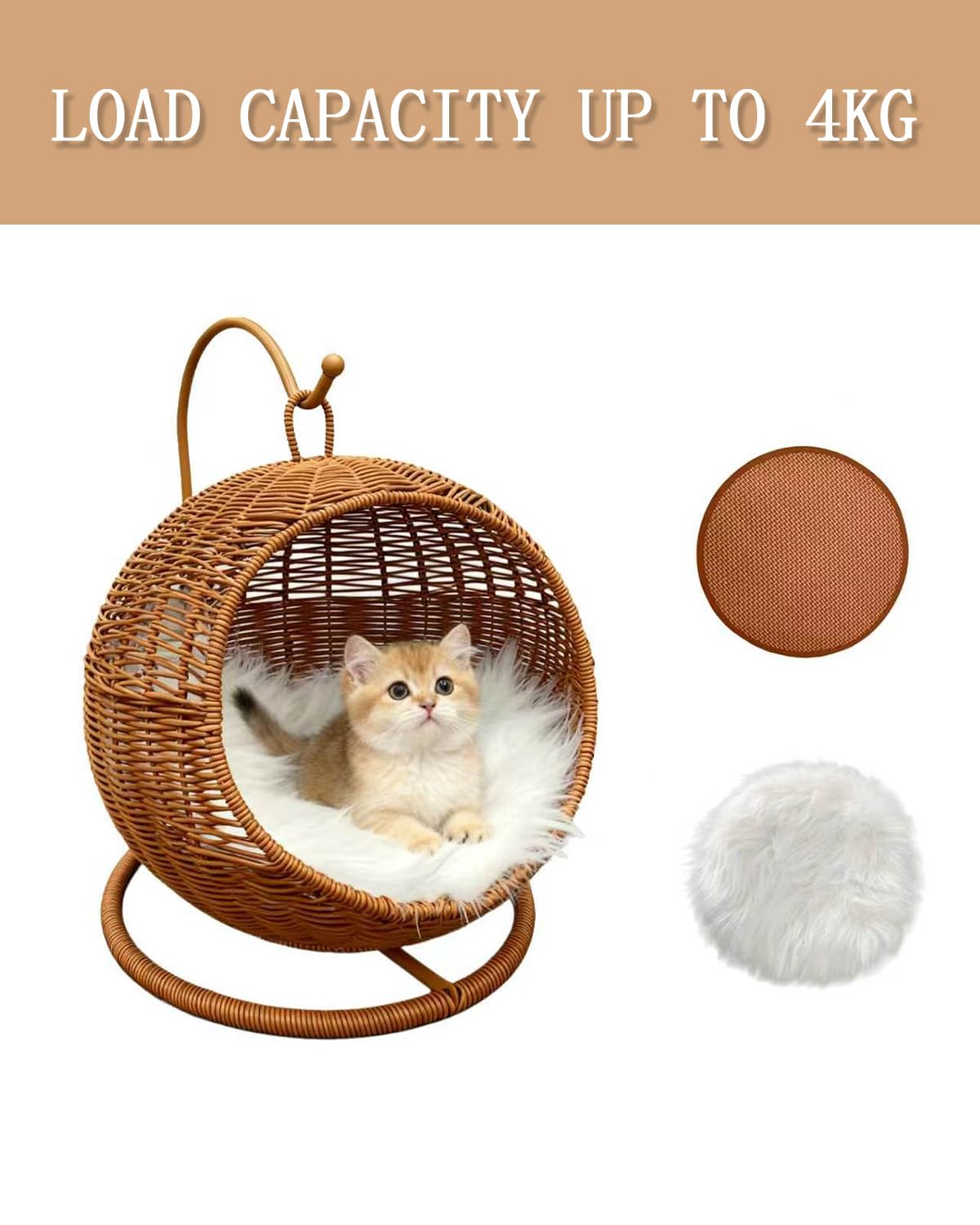 CIHTL Wicker Cat Bed Indoor & Outdoor, Handwoven PP Rattan Cat Swing Bed with Removable Washable Cushion, Breathable Waterproof Cat House for Cats & Small Dogs (Large–16.9" L × 25.98" H) Retail $89.00