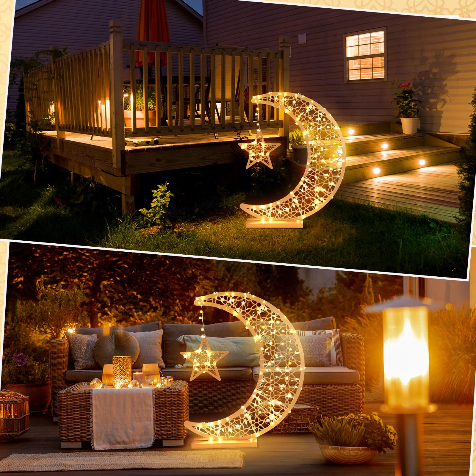 Ramadan Eid Crescent Star Wooden Light Decoration 20x17 Inches