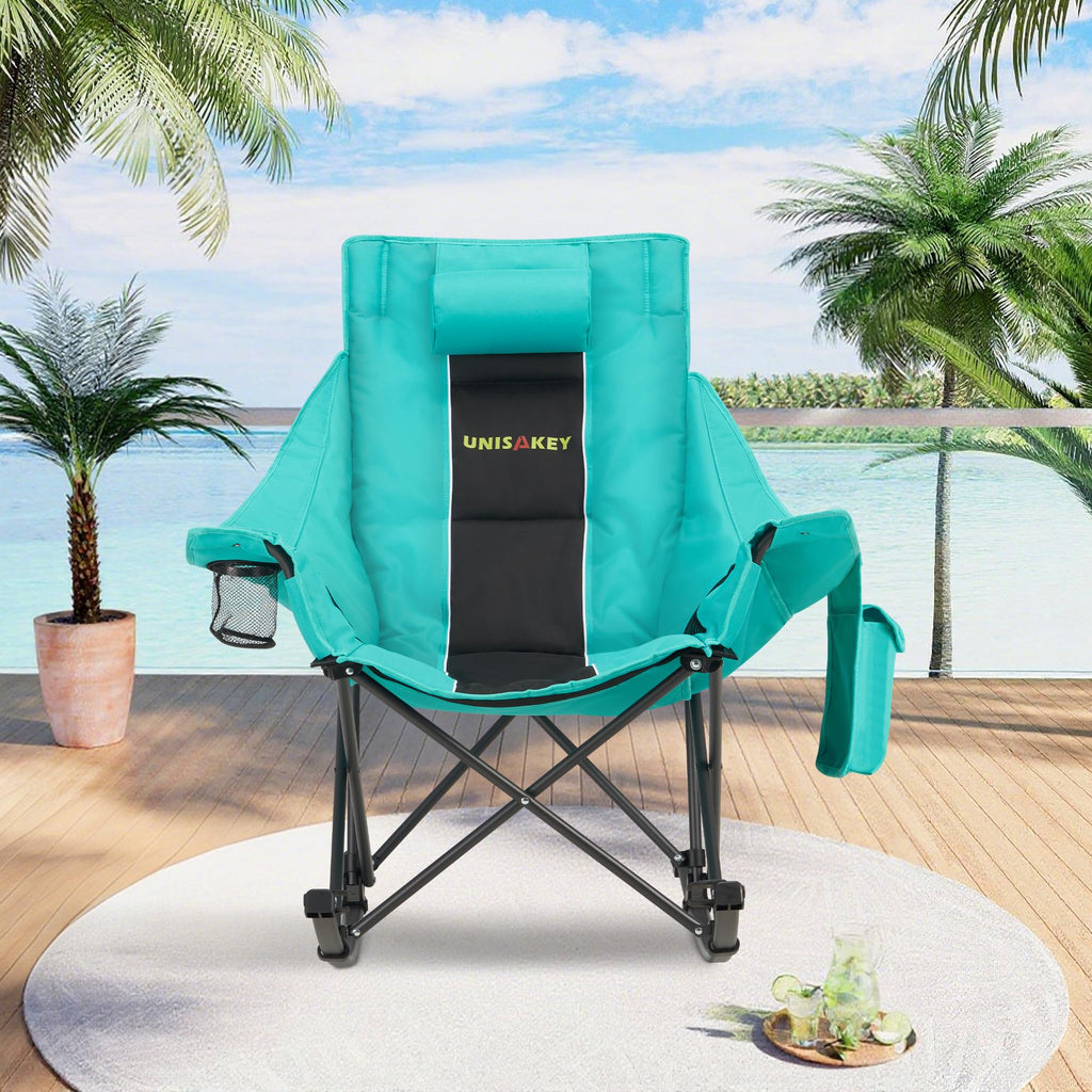 Oversized Folding Rocking Camping Chair w Headrest  Cup Holder 300lbs Blackgreen