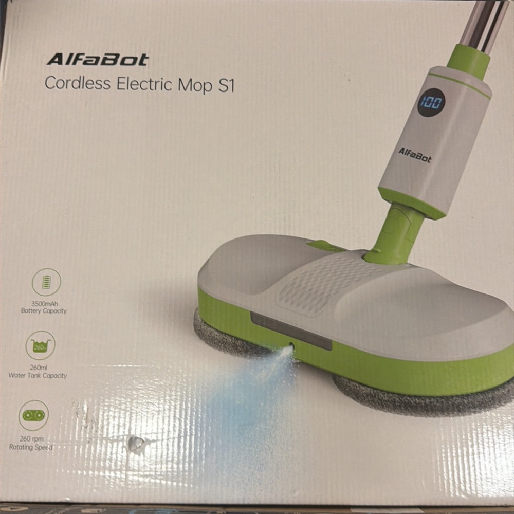 Open-Box New AlfaBot AL-S1 Cordless Electric Mop Dual Spin with LED Headlight Water Spray  Self-Propelled - Green.