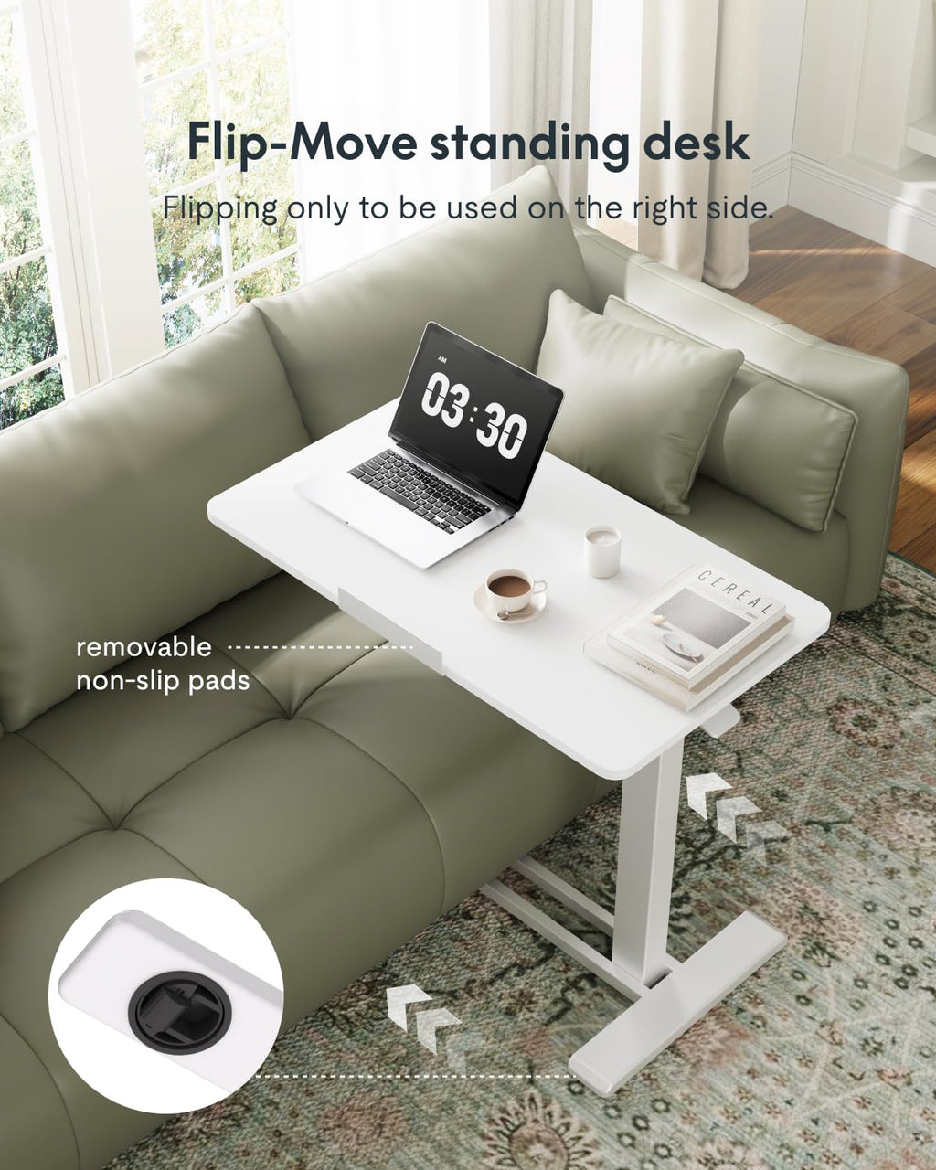 White Mobile Standing Desk Adjustable Overbed Table with Wheels 31.5 W x 17.7 D