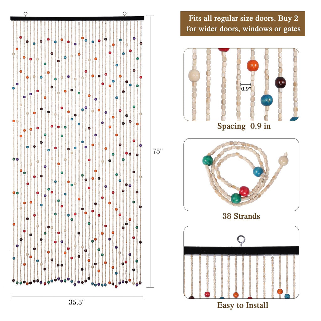 Colorful Bamboo Wood Beaded Curtain 35.5x75 Inch 38 Strands