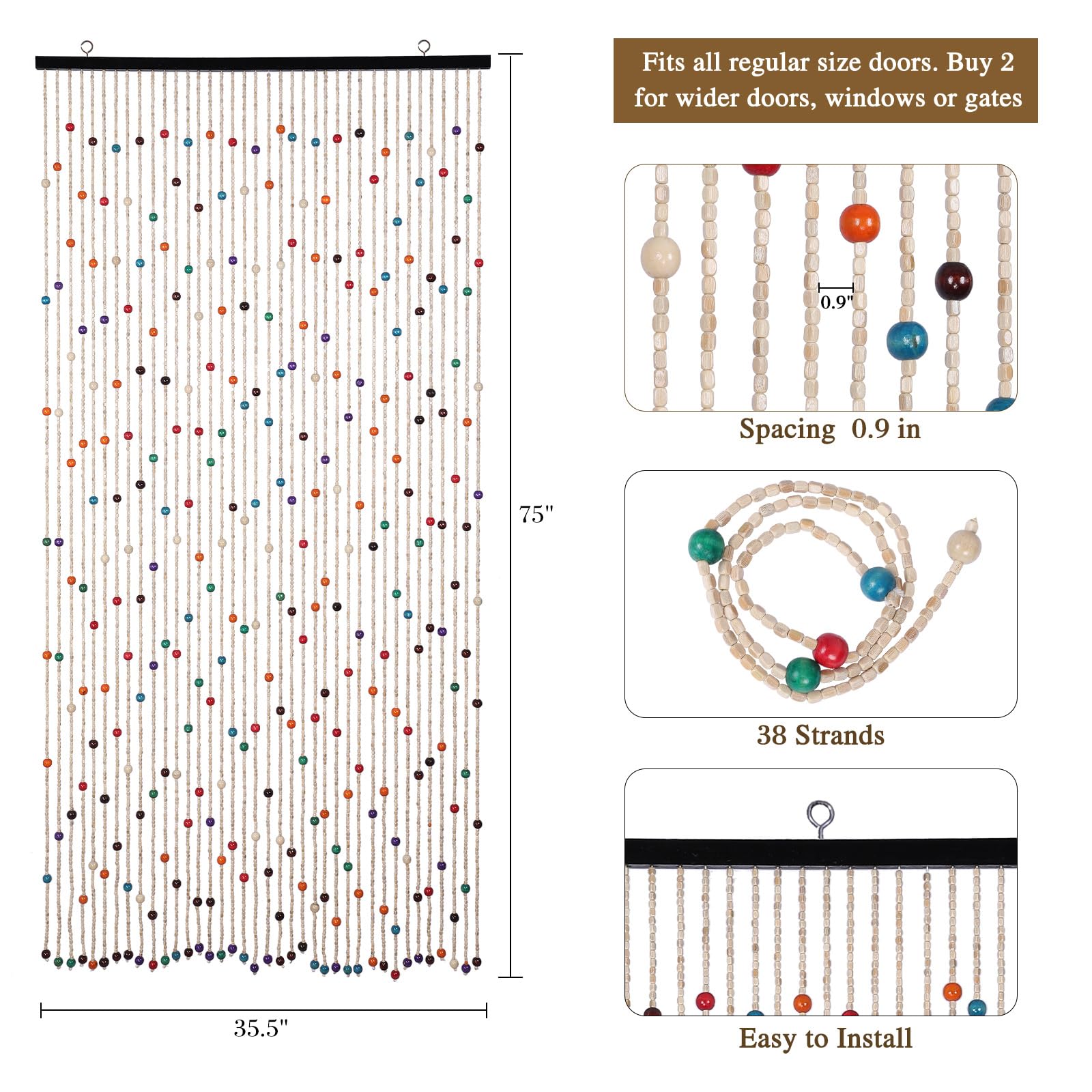 Colorful Bamboo Wood Beaded Curtain 35.5x75 Inch 38 Strands