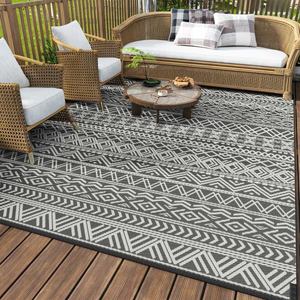 x8 Reversible Waterproof Plastic Straw Outdoor Patio Rug Boho Grey
