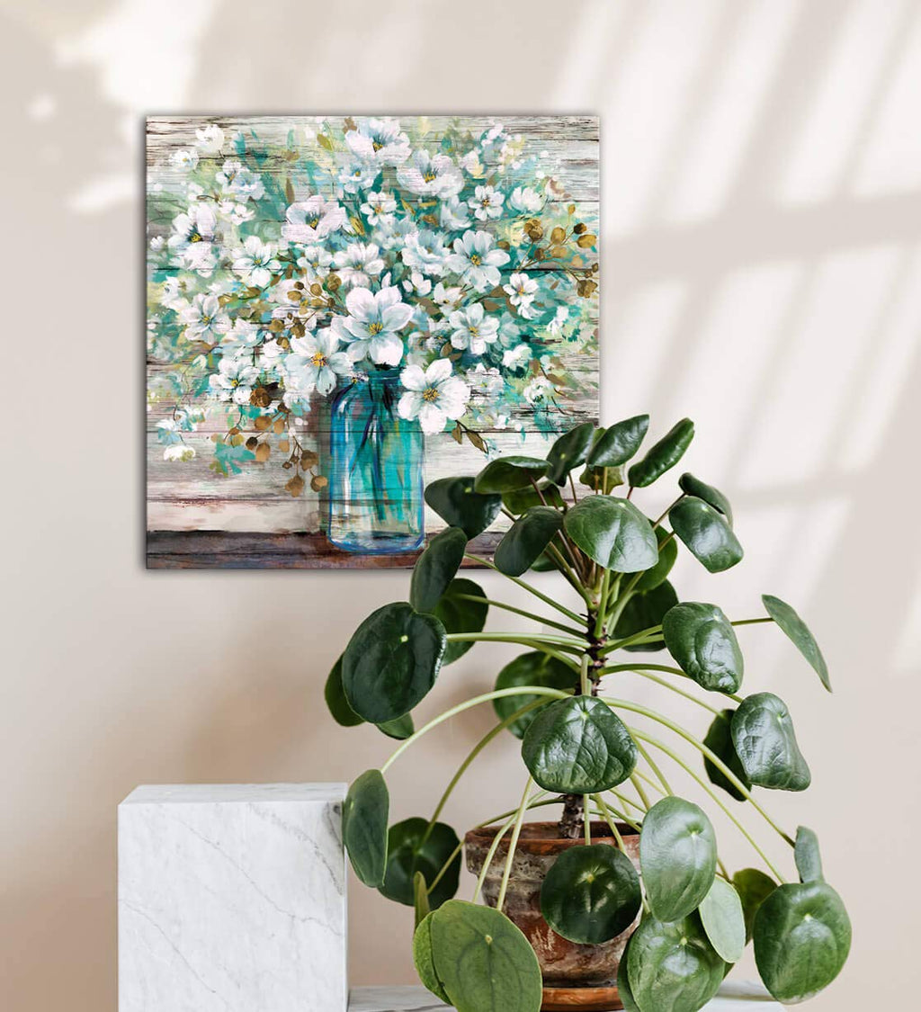 Country Style Canvas Wall Art Teal Blue Mason Bottle White Flower 20x20