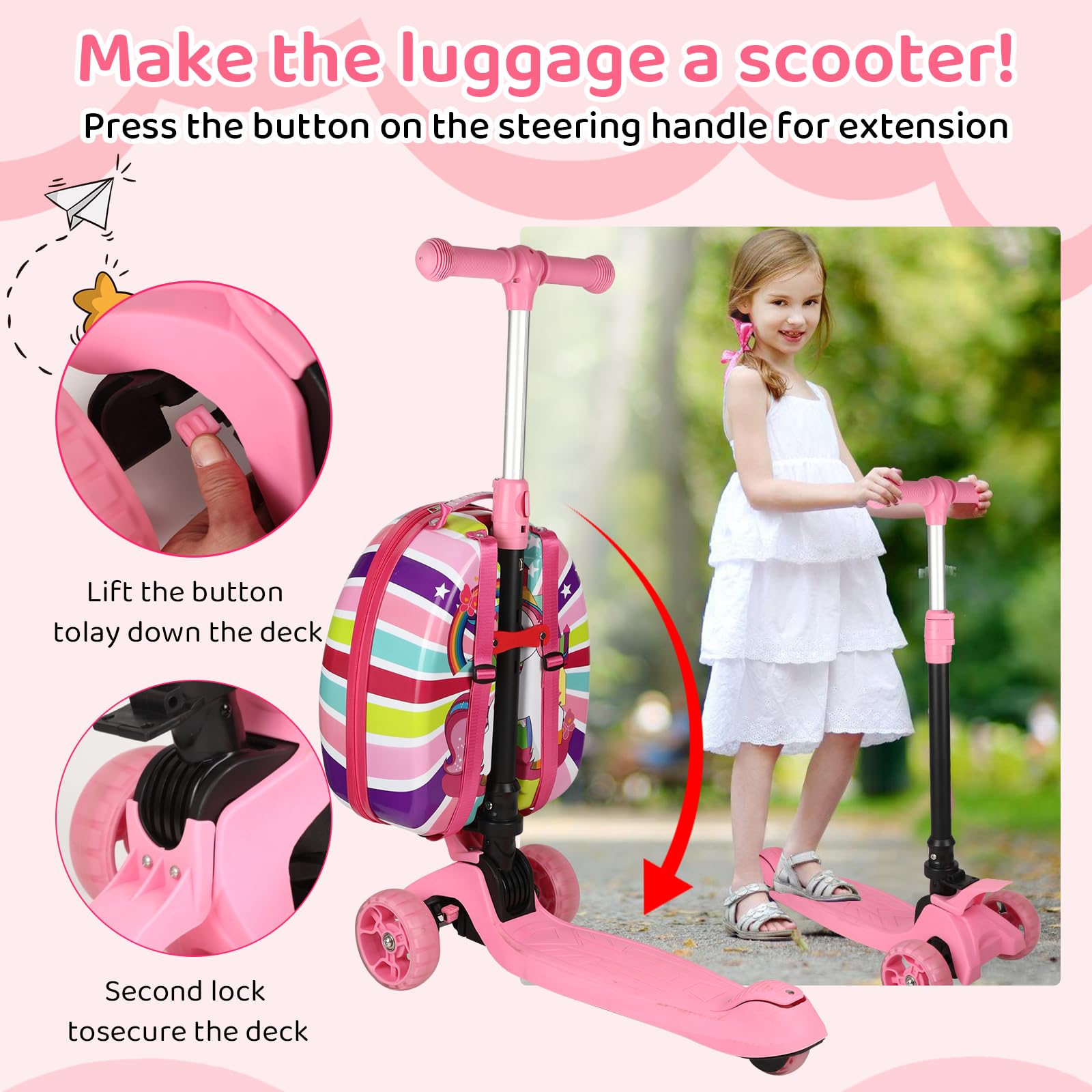 -in-1 Ride-On Scooter Suitcase Hardside for Kids LED Wheels Retractable Handle Pink
