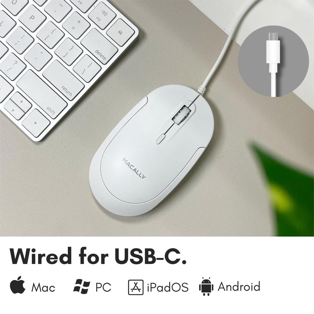 Open-Box New Macally Wired USB-C Slim Quiet All White Computer Mouse for MacPC Retail $19.00