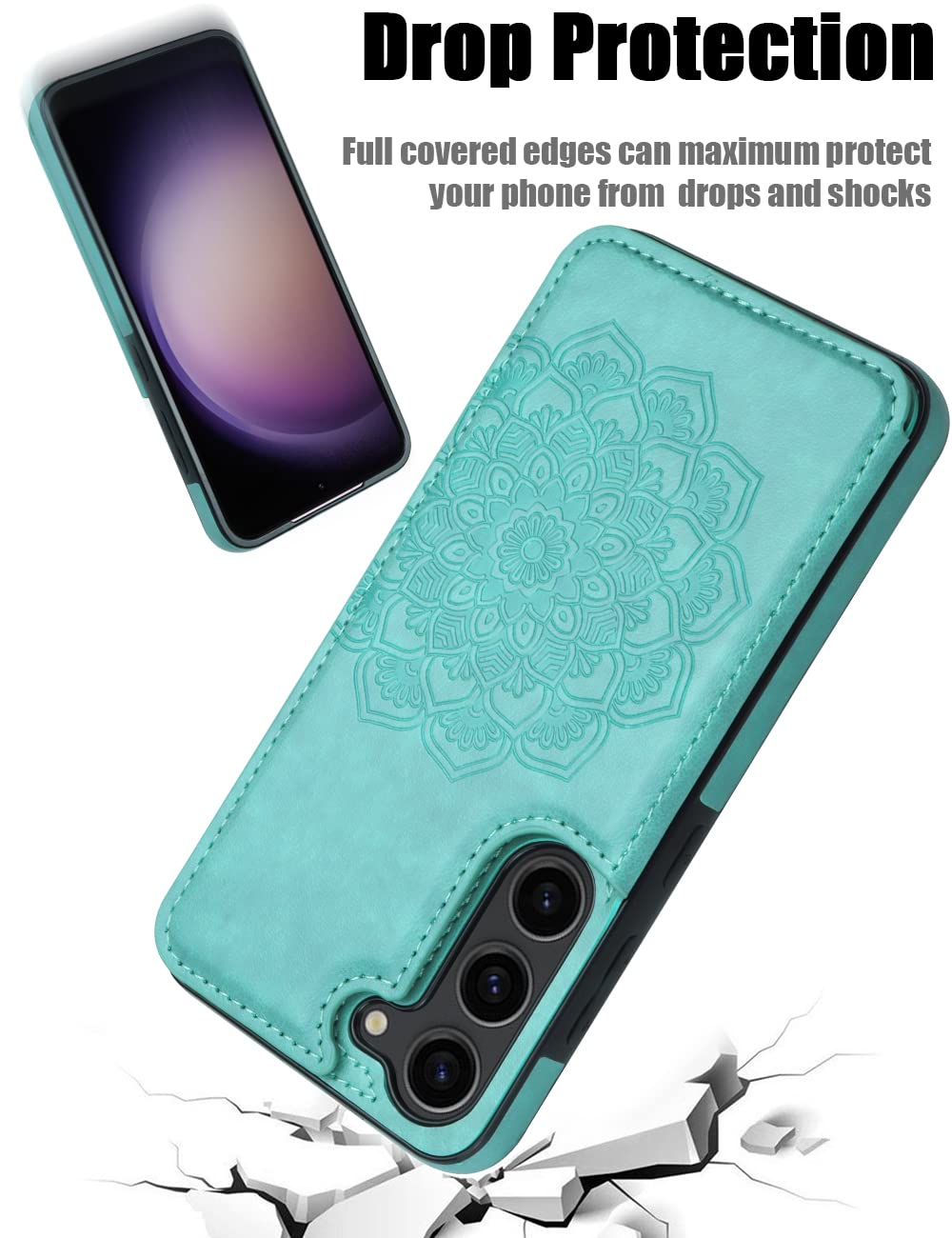 Samsung Galaxy S23 Wallet Flip Case with Card Holder Magnetic Buttons Embossed Flower Pattern Mint