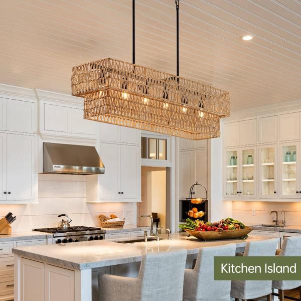 InterMaka 6-Light Boho Rattan Chandeliers for Dining Room, 2 Layer Large Linear Chandelier Rattan Pendant Light Fixture Farmhouse 34” Rectangle Chandelier for Kitchen Island Bar Living Room Retail $189.00