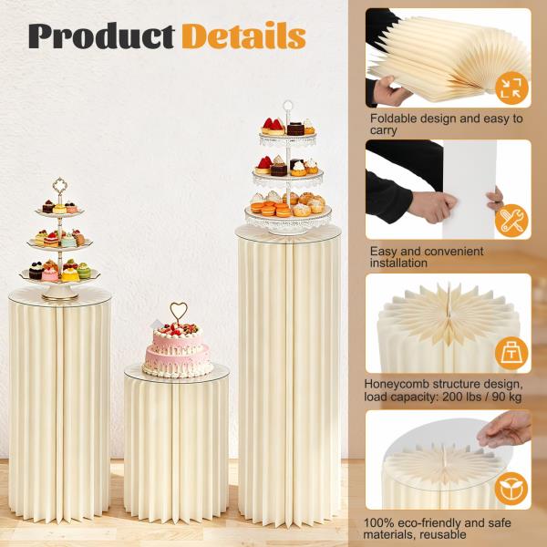 Set of 3 Cylinder Stands for Party 15.7 23.6 31.5 White Foldable Cardboard Display