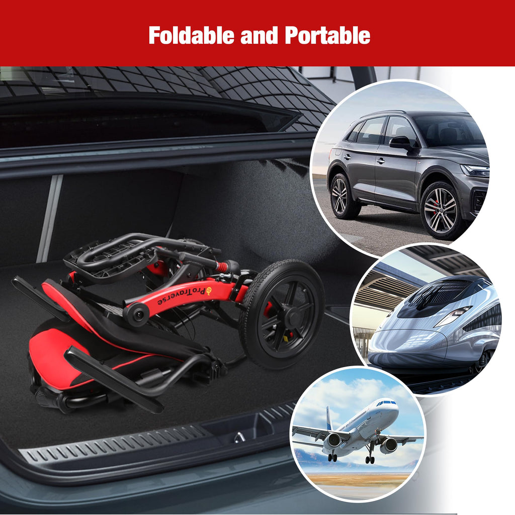 Lightweight Foldable Transport Wheelchair for Adults 11-inch Rear Wheels 300lb Capacity - RedBlack