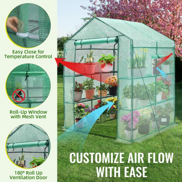 Walk-in Greenhouse 57 x 57 x 76 3 Tiers 8 Shelves with PE Cover and Window