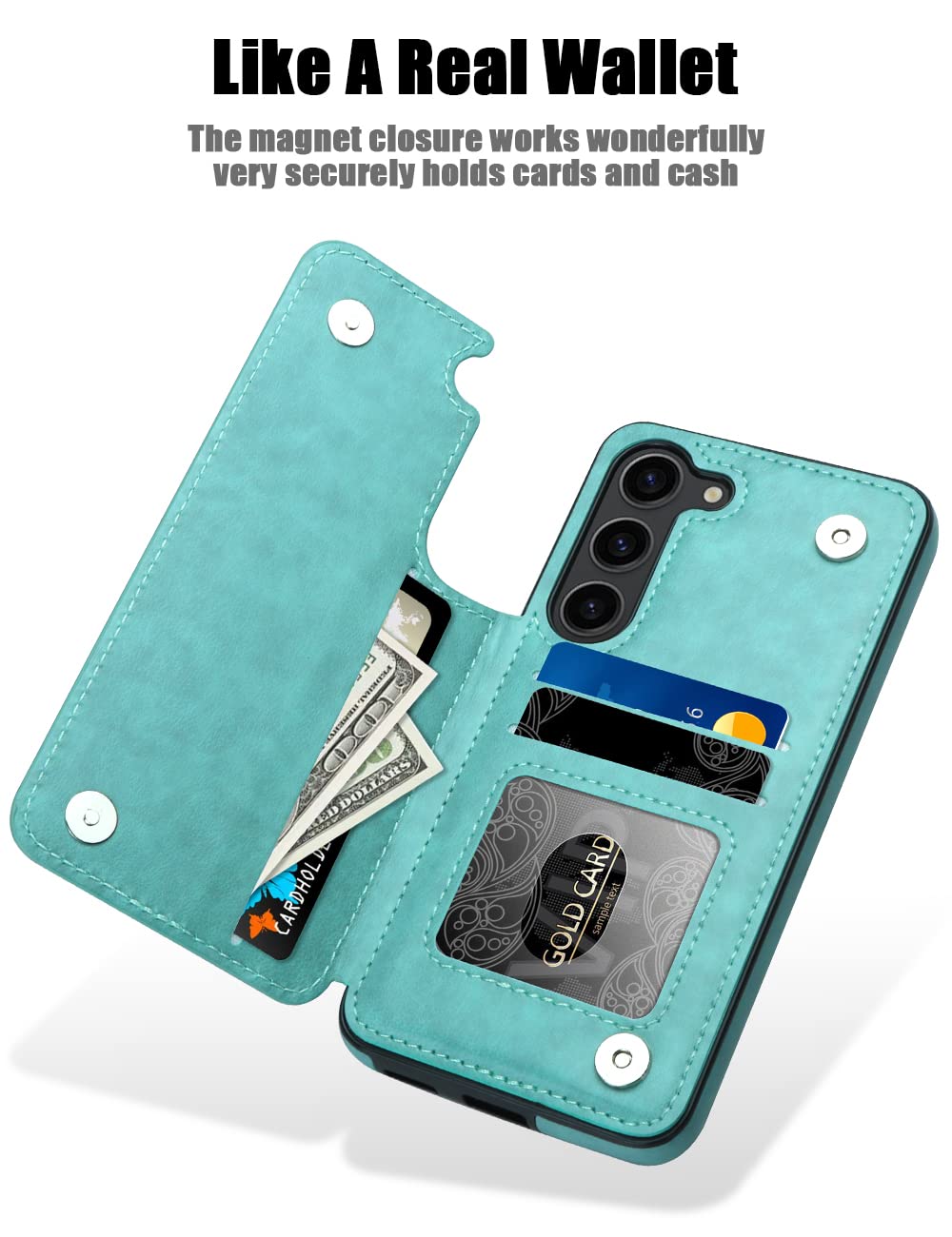 Samsung Galaxy S23 Wallet Flip Case with Card Holder Magnetic Buttons Embossed Flower Pattern Mint