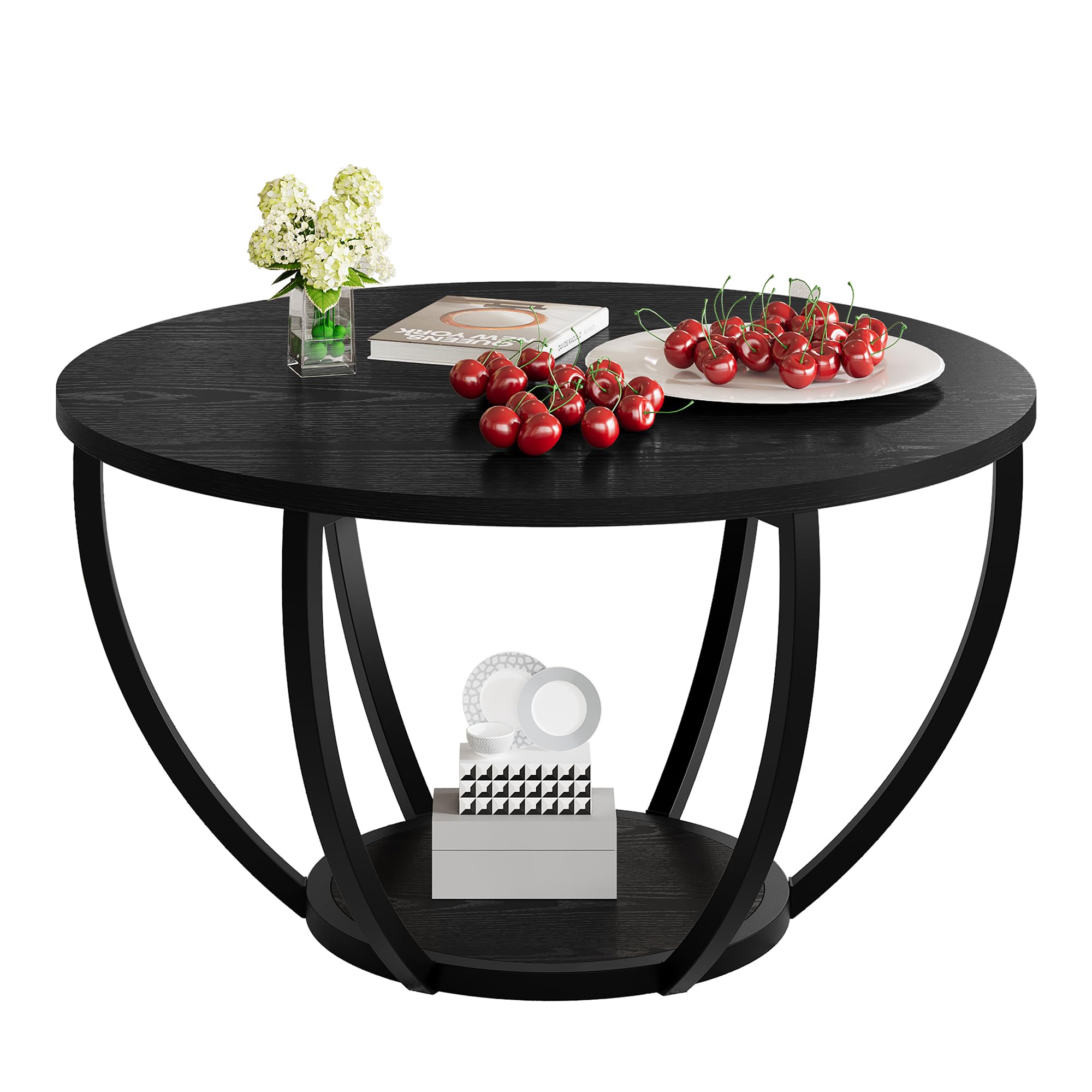 New HOMERECOMMEND Black Round Wooden 2-Tier Coffee Table with Storage Shelves. Retail $65.00