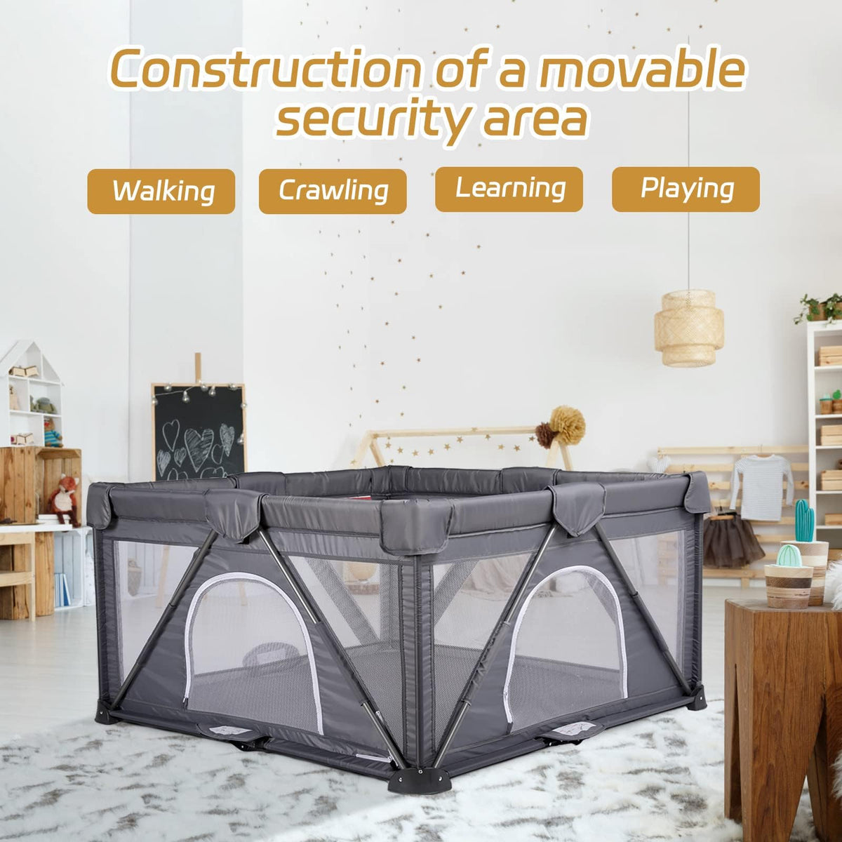 Foldable Baby Playpen Extra Large 50X50 Portable Play Yard Dark Grey