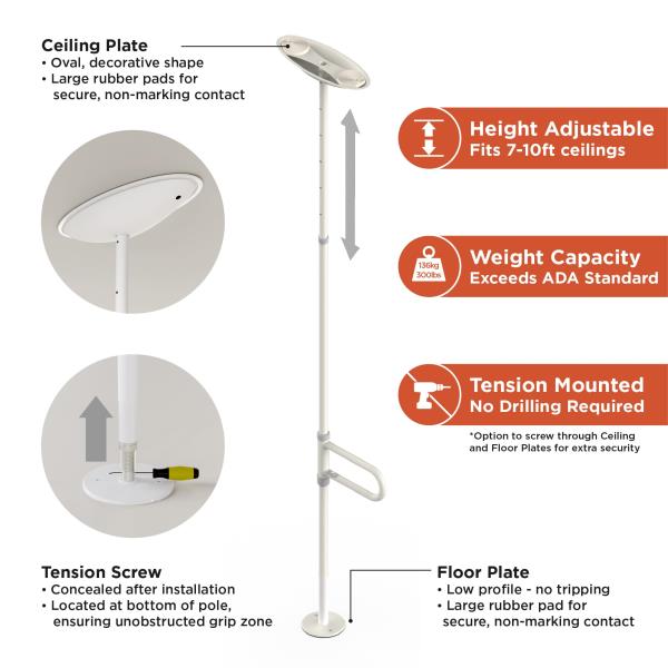 HEALTHCRAFT uPole with Pivot Bar 7-10 ft Transfer Pole (No-Drill Grab Bar) Retail $168.00