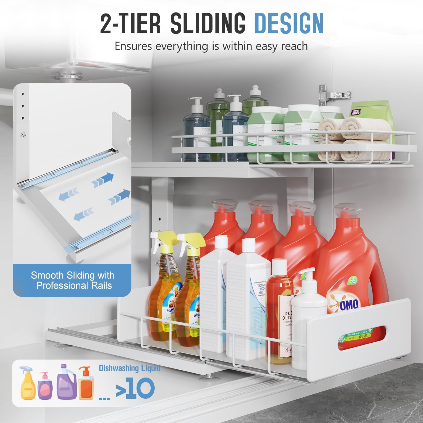 Pack 2-Tier Pull Out Under Sink Organizer Height Adjustable L-Shaped White