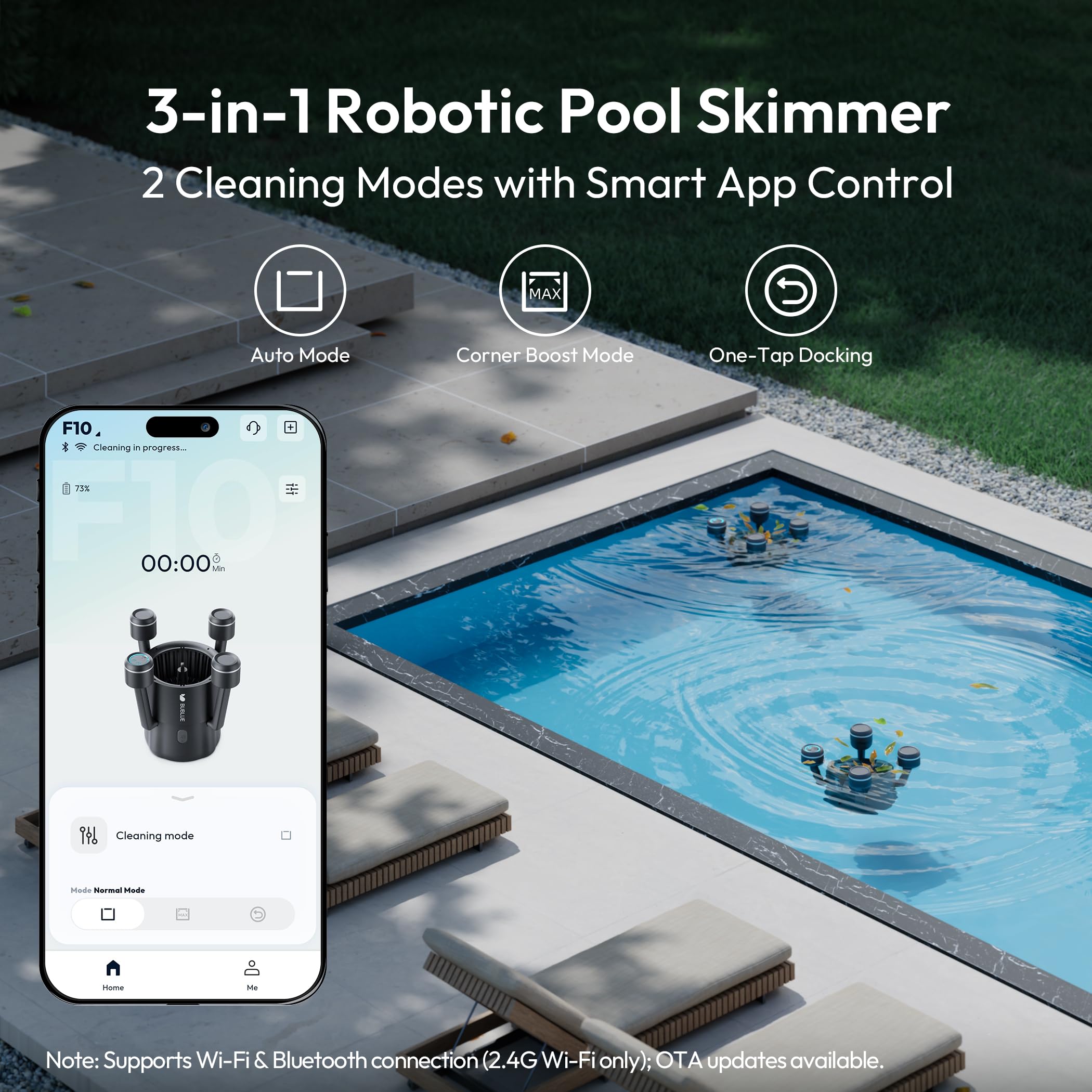 F10 Robotic Surface Skimmer Pool Cleaner Powerful Suction Dual Motor 5L Filter App Control Black