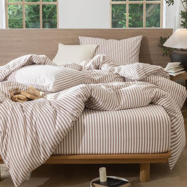 MooMee Striped Duvet Cover Set 100% Washed Cotton Linen Like Queen Retail $74.00