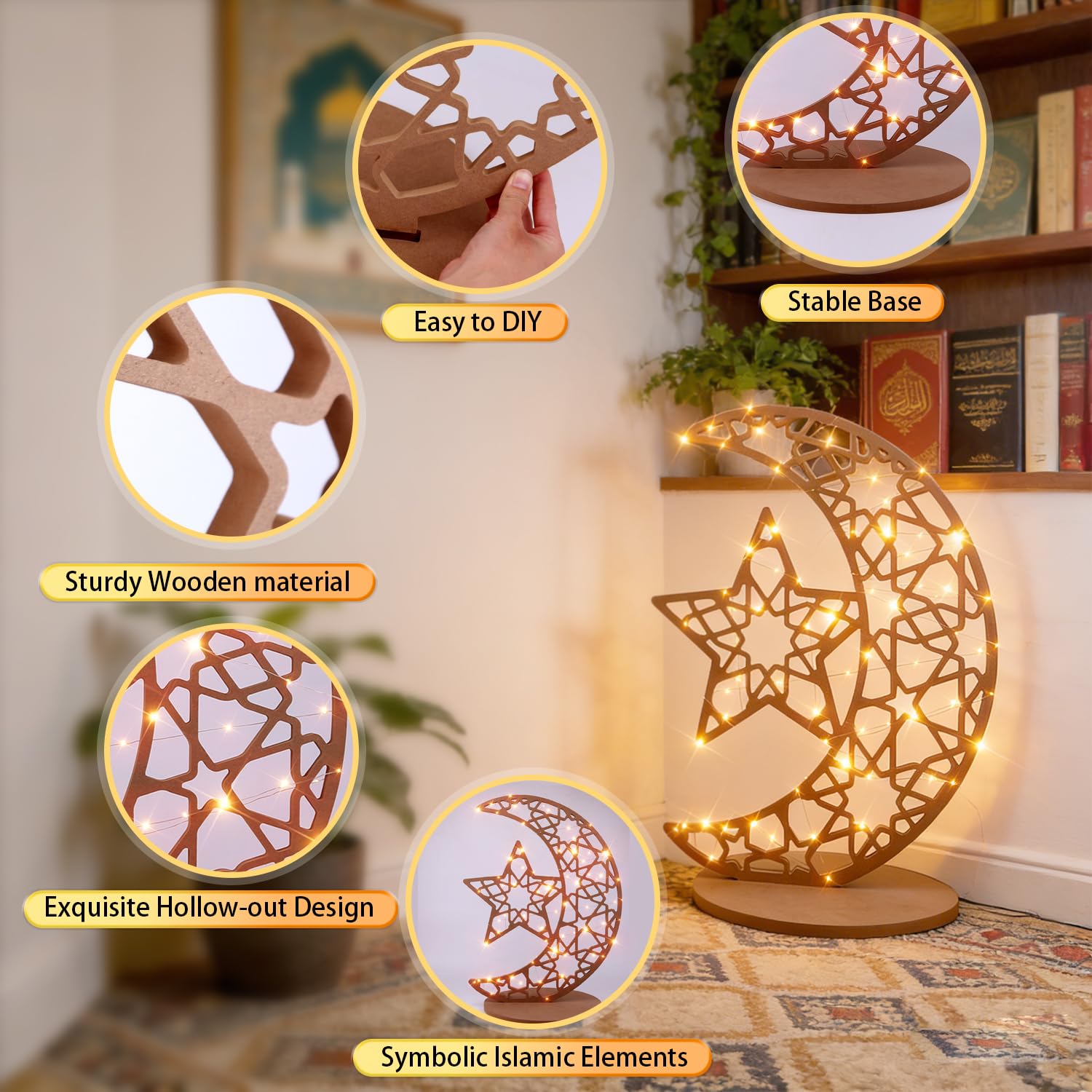 Open-Box New Eforcase JZ-T-Z01408A 28 Light-up Wooden Moon Star Eid Table Decor