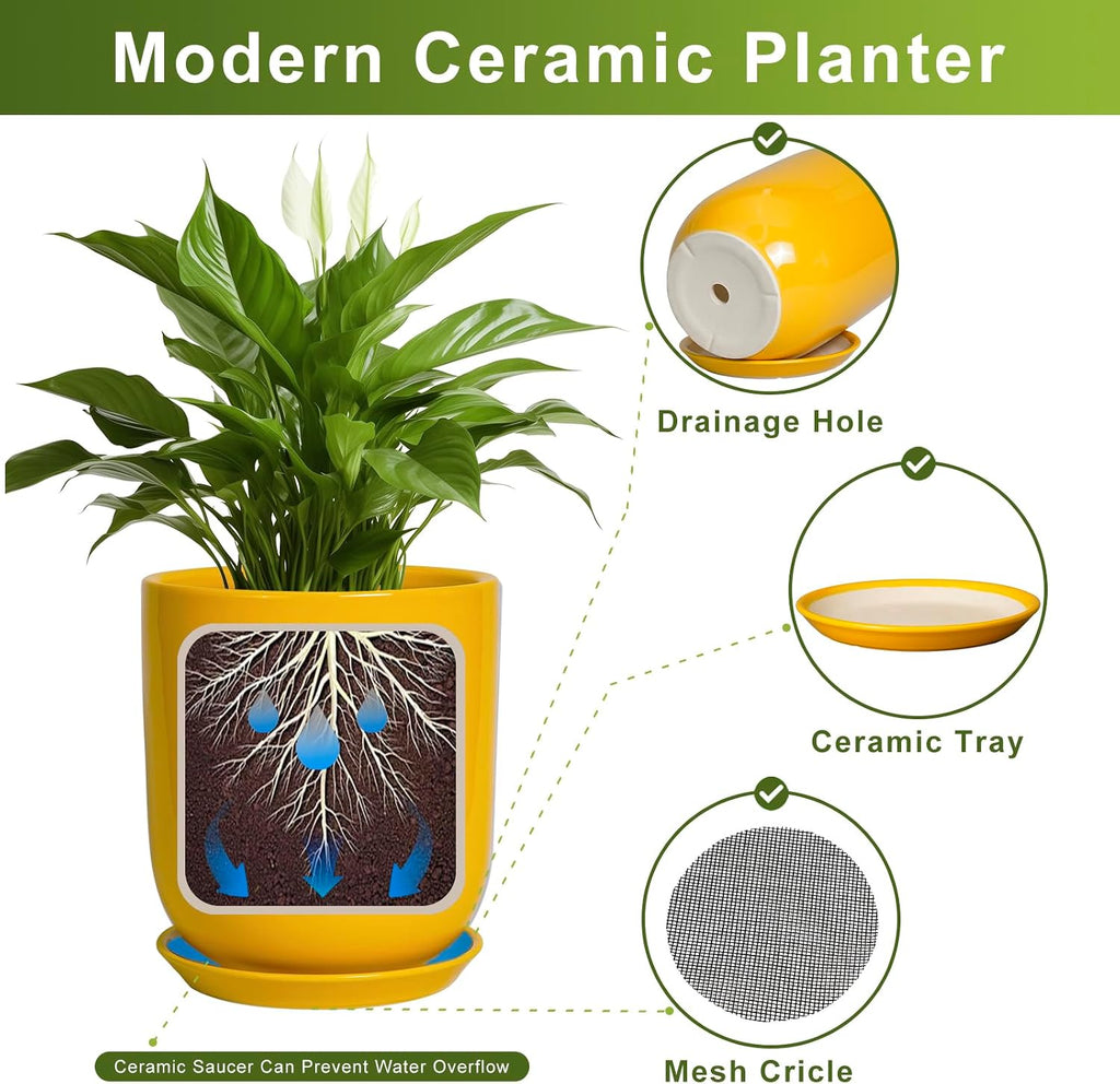 Bright Yellow 12 Inch Ceramic Plant Pot with Drainage Hole Retail $109.00