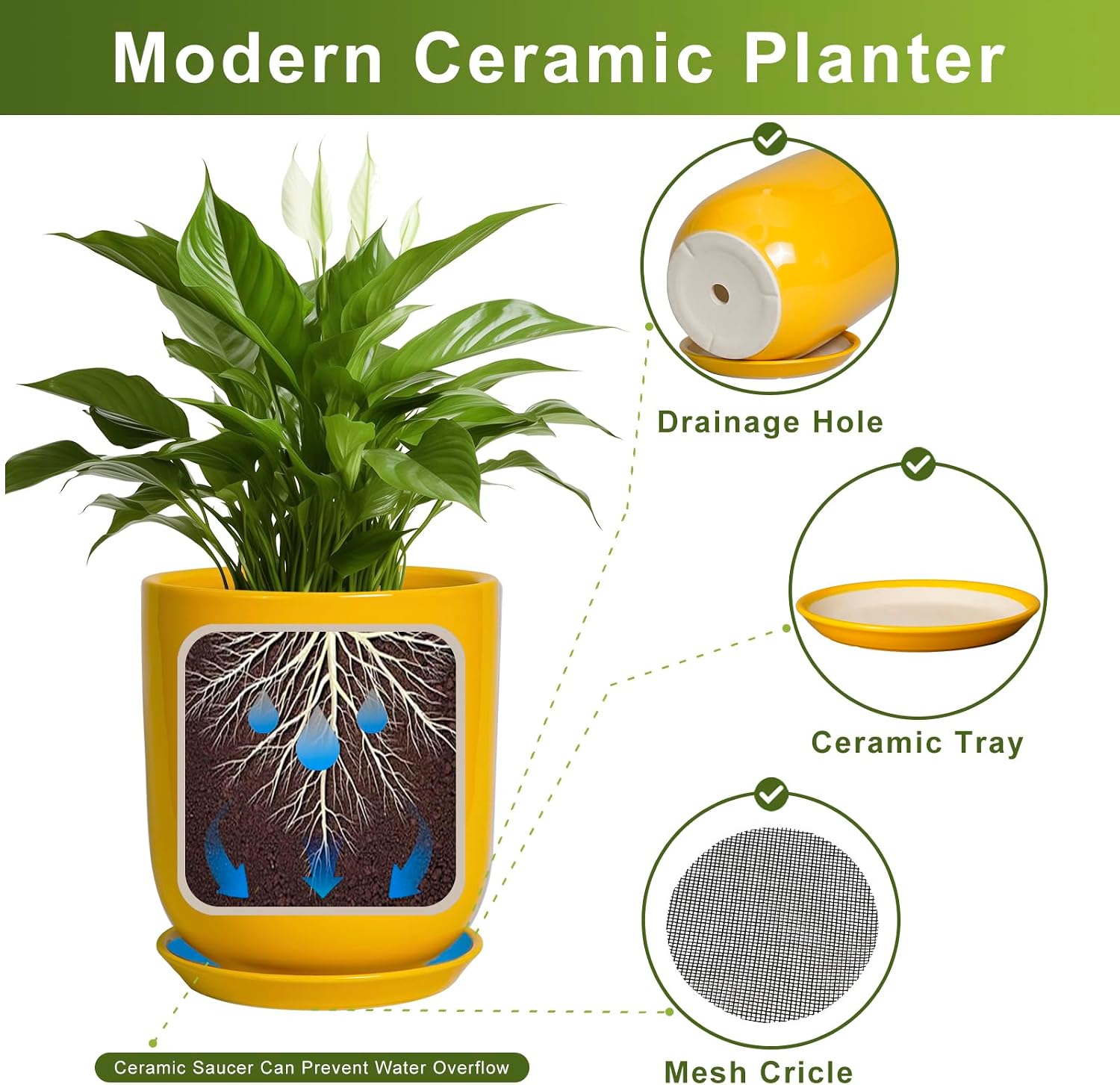 Bright Yellow 12 Inch Ceramic Plant Pot with Drainage Hole Retail $109.00