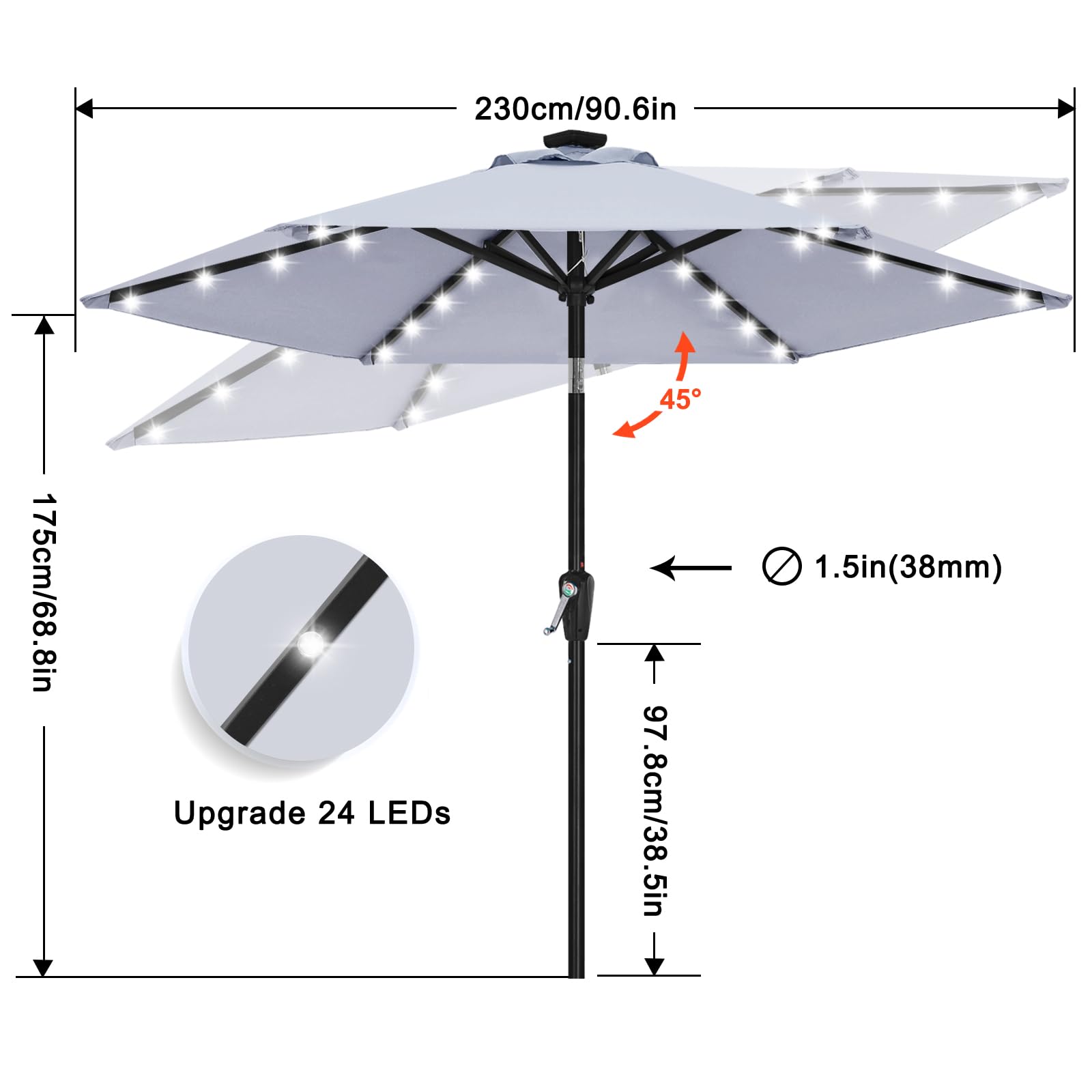 ABCCANOPY Durable Solar Led Patio Umbrellas with 24LED Lights 7.5FT with 6 Sturdy Ribs (Fog Gray) Retail $59.00
