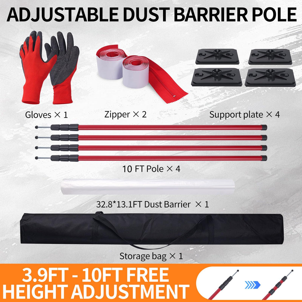 Dust Barrier Kit with Telescoping Poles 32.8x13.1FT Plastic Sheeting Zippers