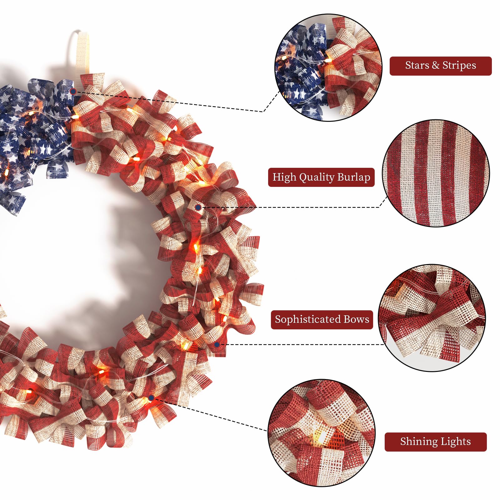Inch Patriotic Burlap Red White Blue Wreath with Timer Light Strip