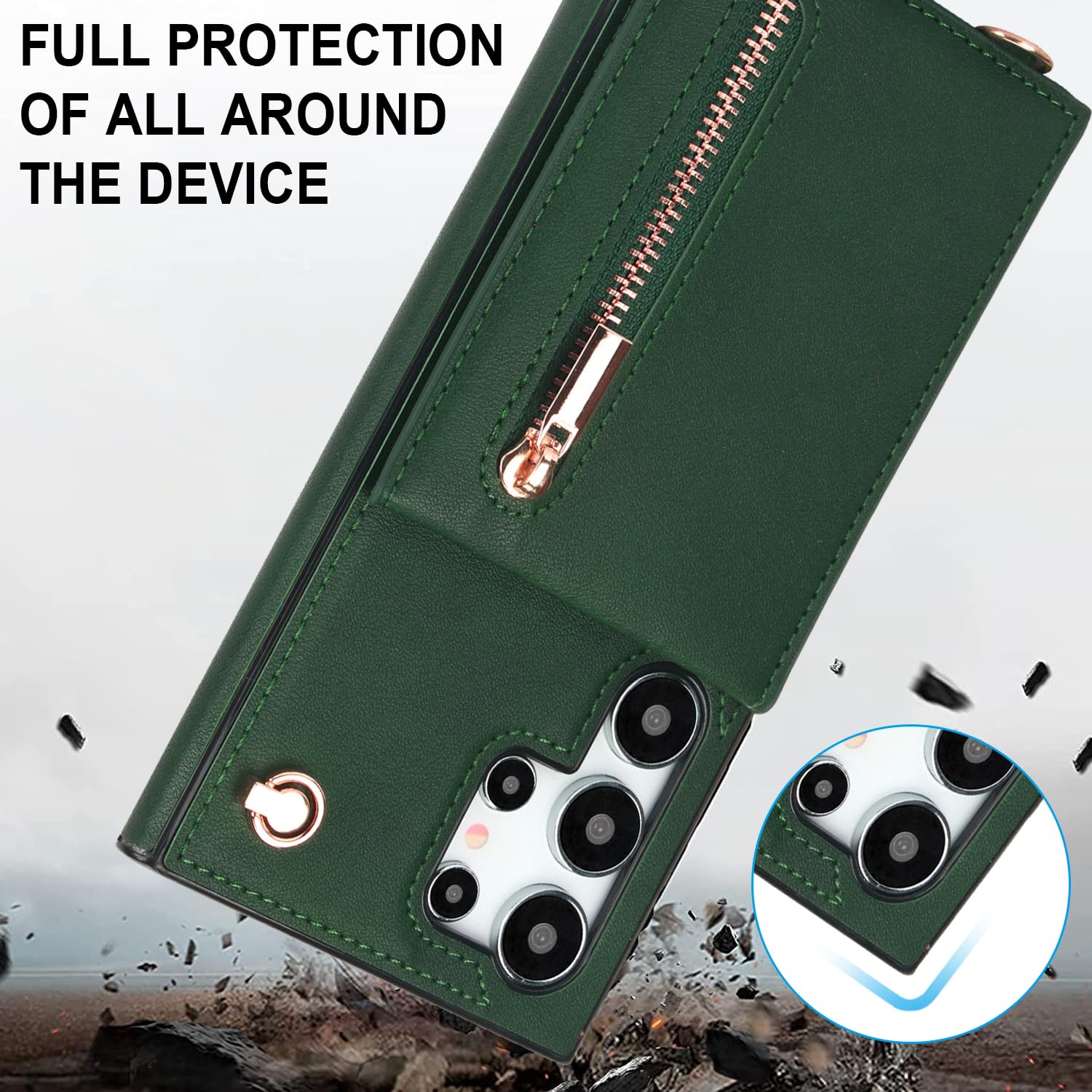 Green Samsung Galaxy S24 Ultra Wallet Flip Case w Crossbody Strap Card Holder  Kickstand