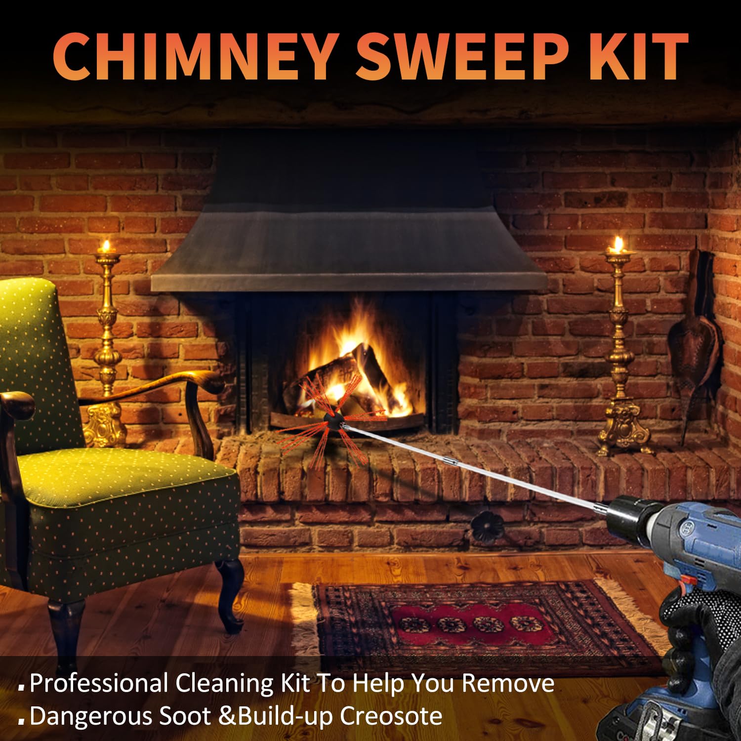 Chimney Cleaning Kit with 10 Flexible Rods Brush - 33ft Black