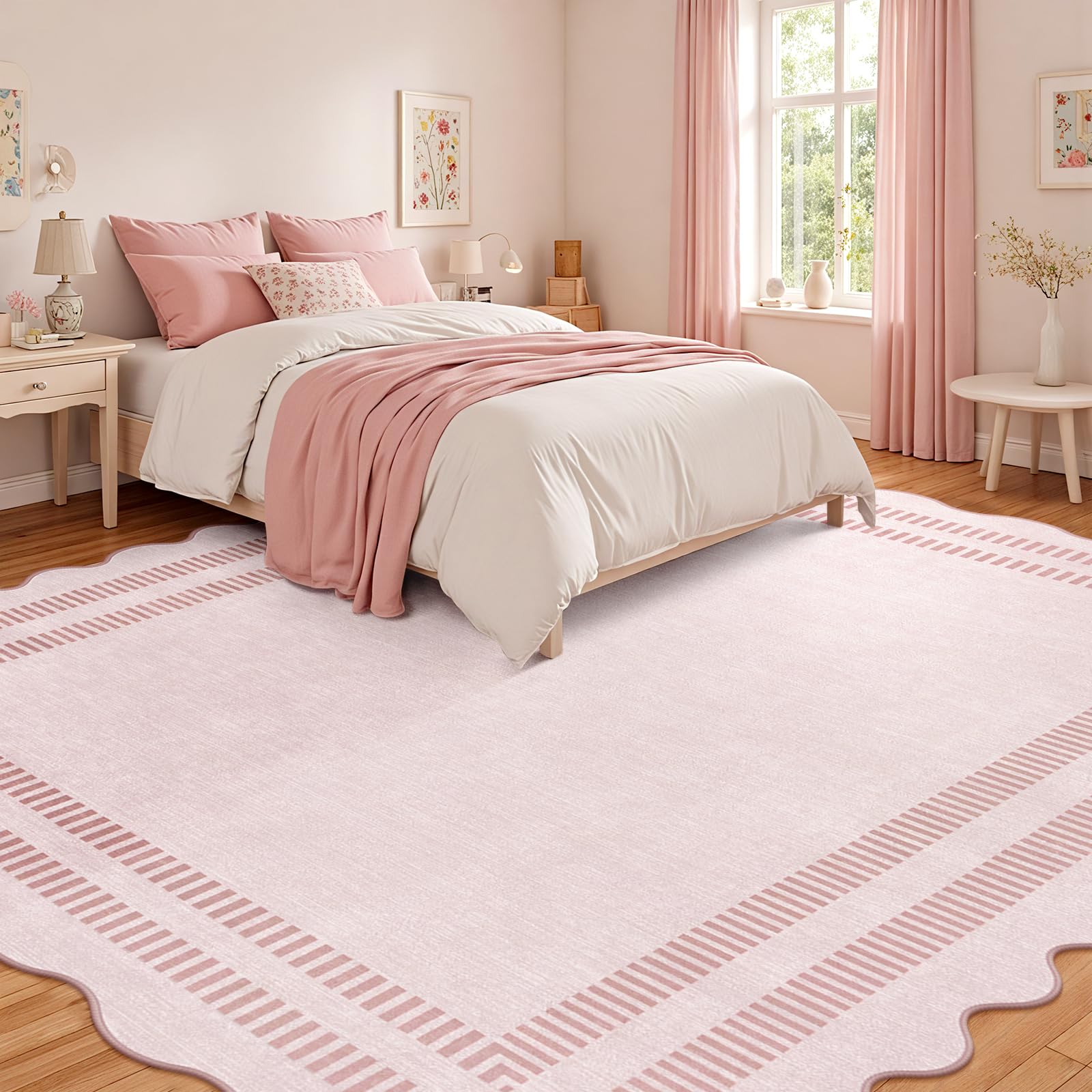 Pink 8x10 Machine Washable Non-Slip Low-Pile Area Rug with Scalloped Design