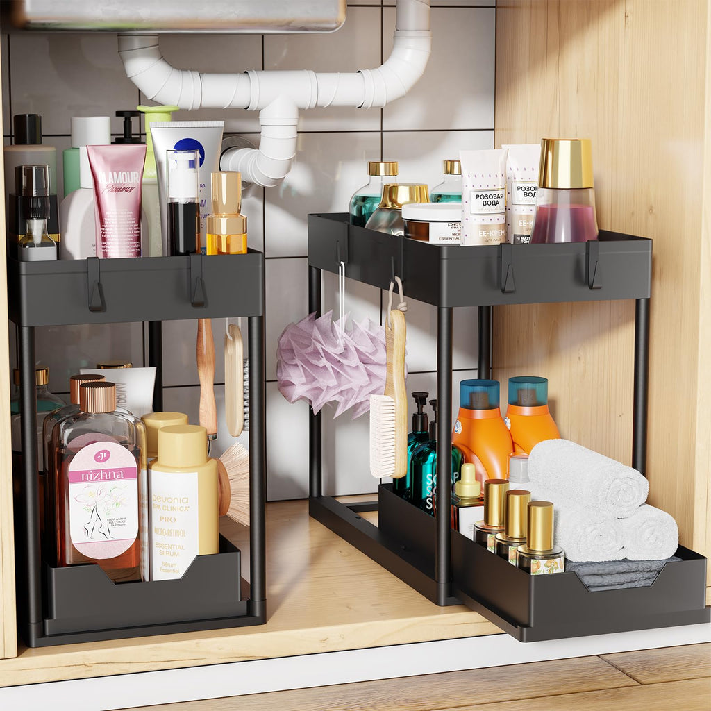 Pack 2-Tier Pull-Out Under Sink Organizer for Kitchen Bathroom Black