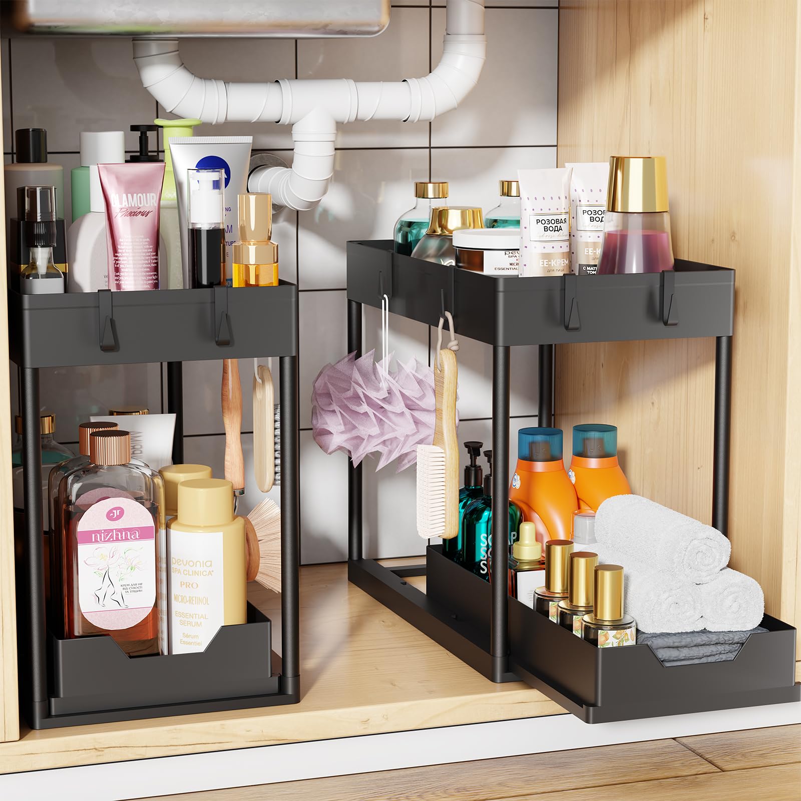 Pack 2-Tier Pull-Out Under Sink Organizer for Kitchen Bathroom Black