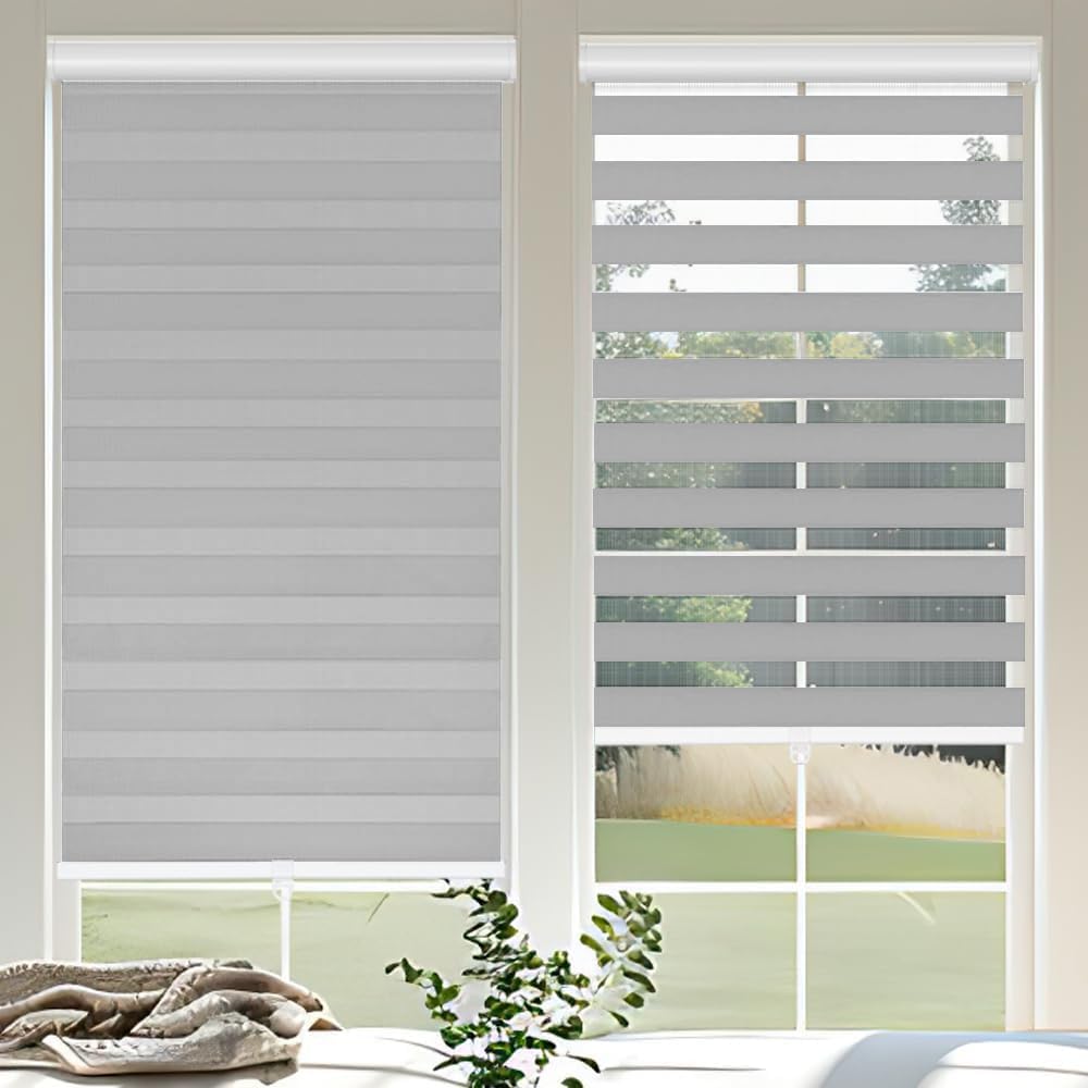 OUDUCK Cordless Zebra Blinds for Windows, 32" W x 72" H Zebra Roller Shades with Valance Free Stop Zebra Roller Shades, Light Control Window Treatments Dual Layer Sheer Blinds for Day and Night, Grey Retail $30.00