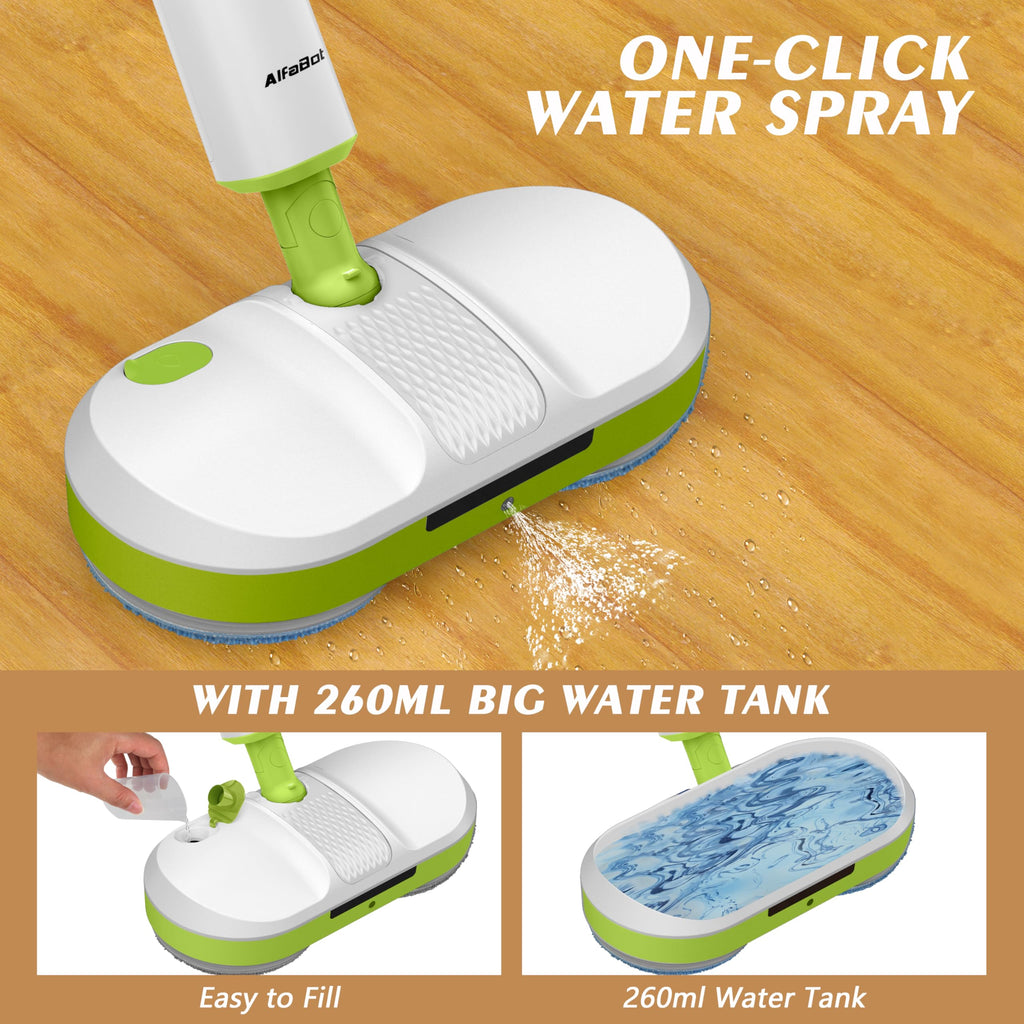 Open-Box New AlfaBot AL-S1 Cordless Electric Mop Dual Spin with LED Headlight Water Spray  Self-Propelled - Green.