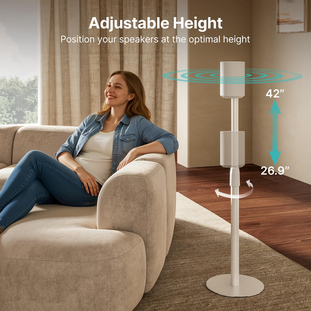 White Height-Adjustable Speaker Stands Pair for Sonos Era 100  300 Cable Management